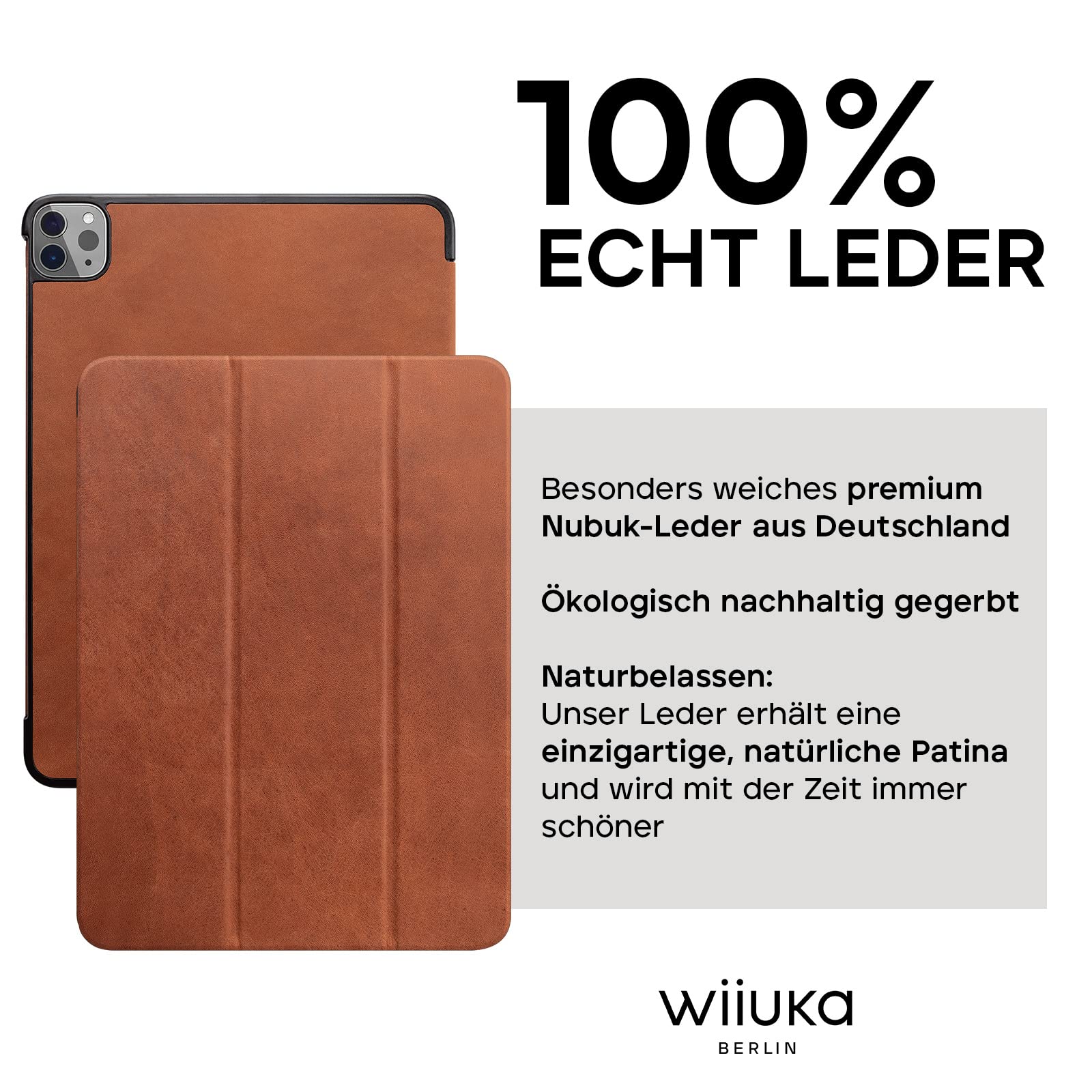 WIIUKA Hülle für iPad Pro 11" (2023-2018), Deutsches Leder, Lederhülle extra Dünn, Premium Smart-Cover Case, Vintage Braun
