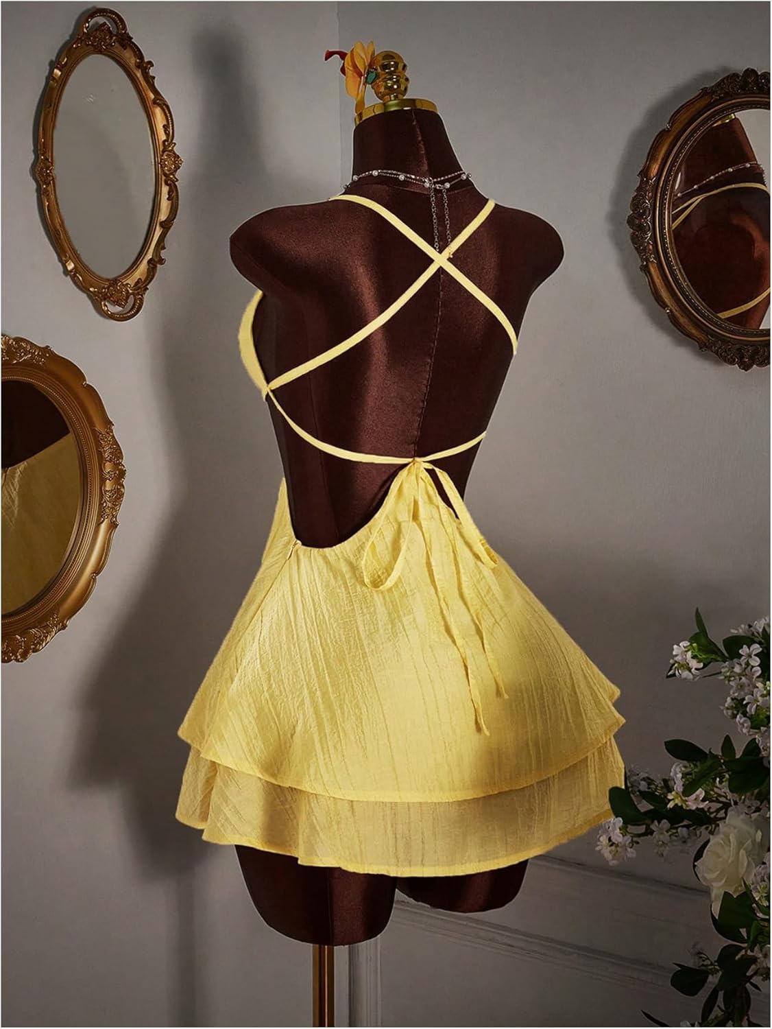 WDIRARA Women's Criss Cross Strappy Ruffle Sleeveless Mini Dress Cut Out Tie Backless Layered Dress - Image 3