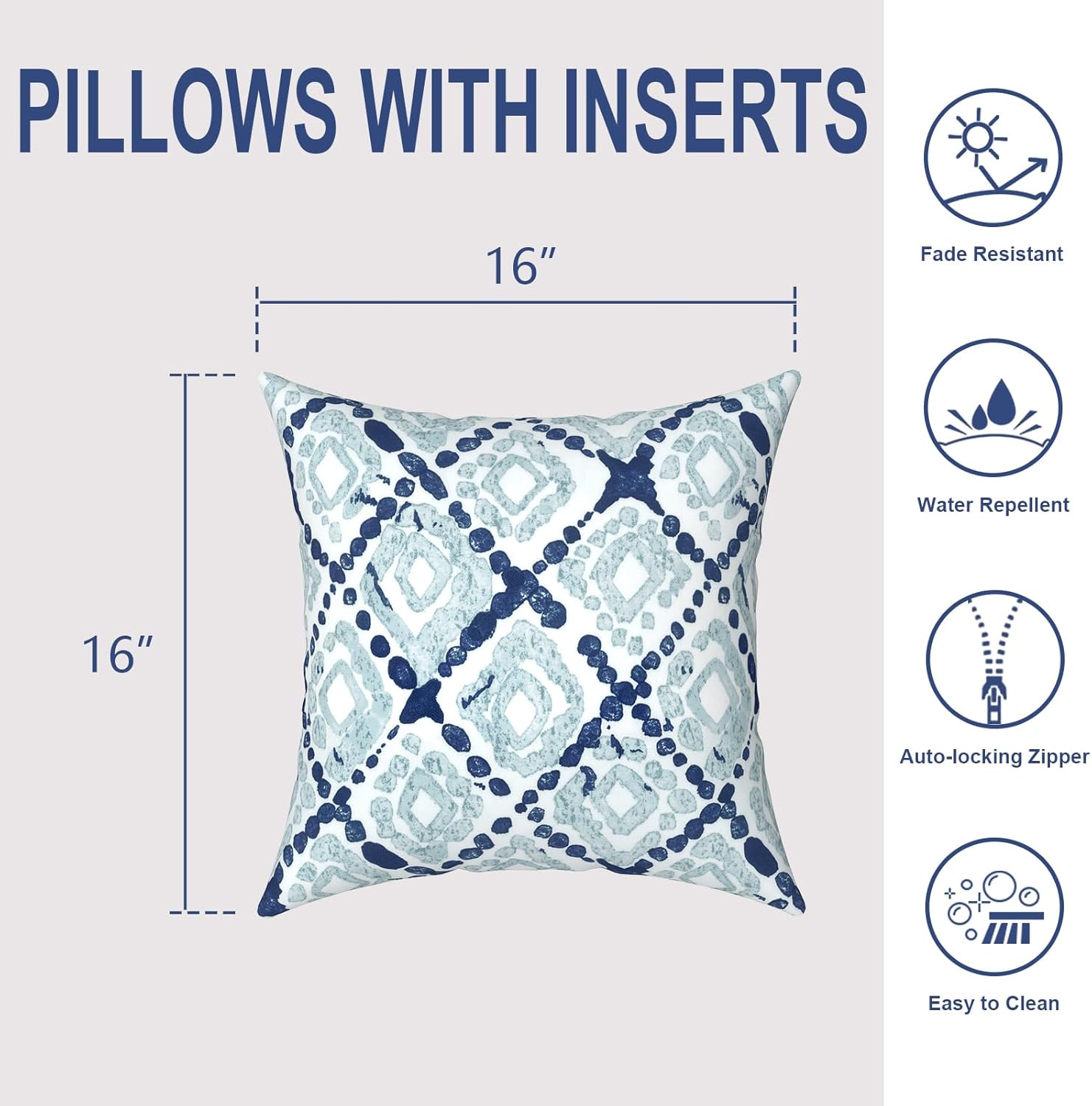 Outdoor Throw Pillows 16x16 Inch, Water Repellent Patio Pillows with Inners Set of 2 for Patio Furniture Home Garden, Boho Geometry Blue