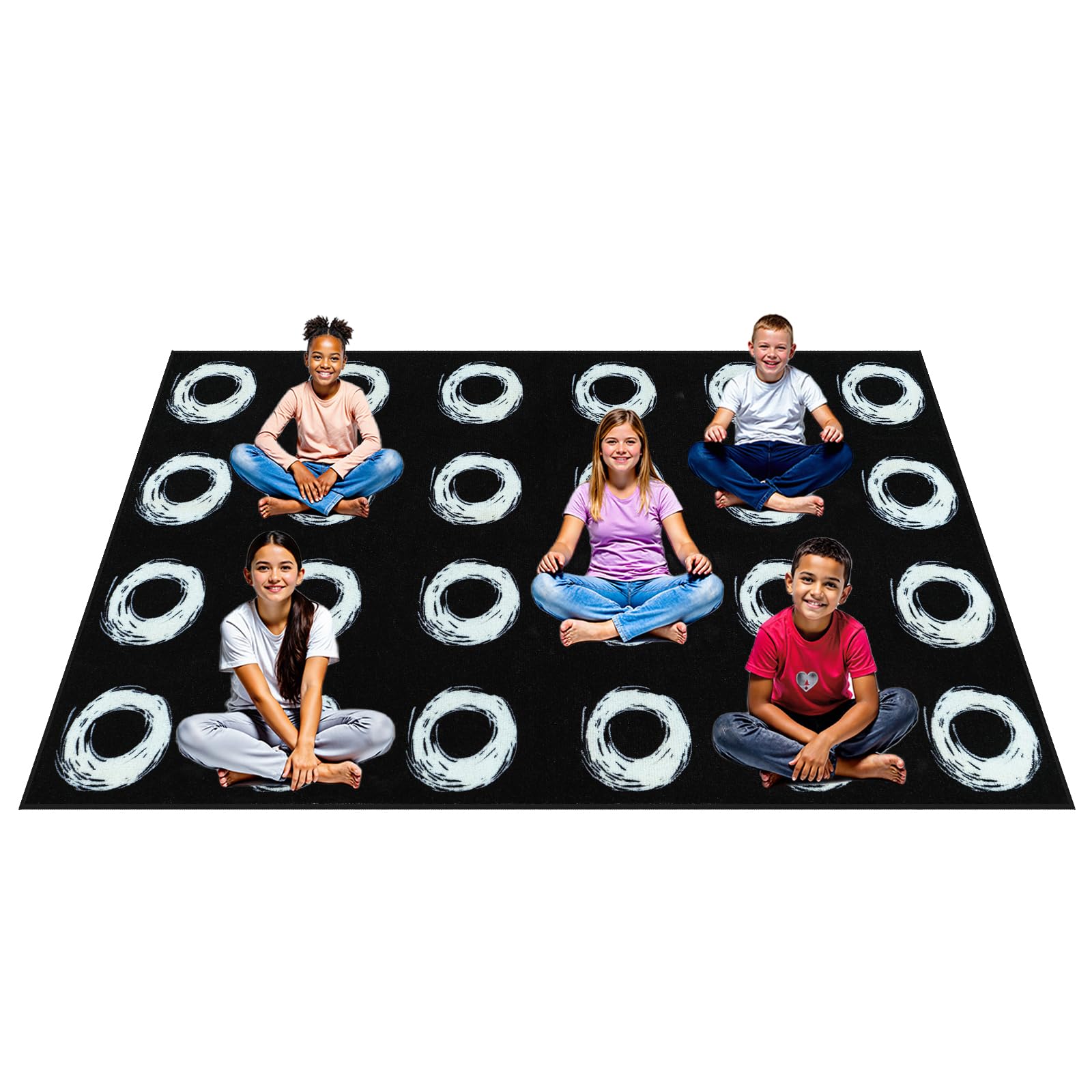 STARUIA Large Carpet Classroom Rug Educational Area Rug for Kids Room, 7.5x13 Abstract Black Rugs with White Handpainted Circles, Stain-Resistant High-Traffic Kids Rugs for Playroom Elementary