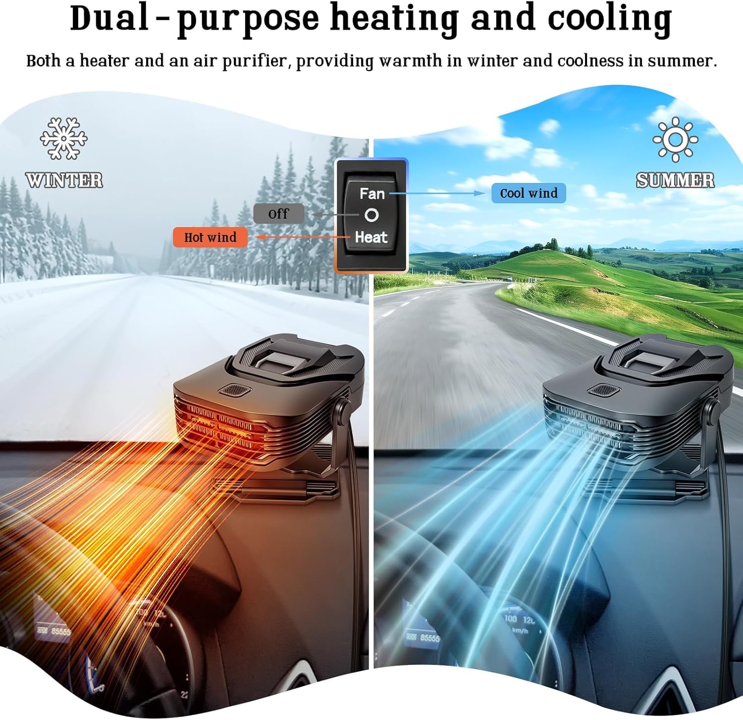 Chauffage de voiture, 2 en 1 Chauffage et refroidissement rapide avec dégivrage et désembuage, support à aspiration à rotation 360°, prise allume-cigare pour tous les pare-brise de voiture