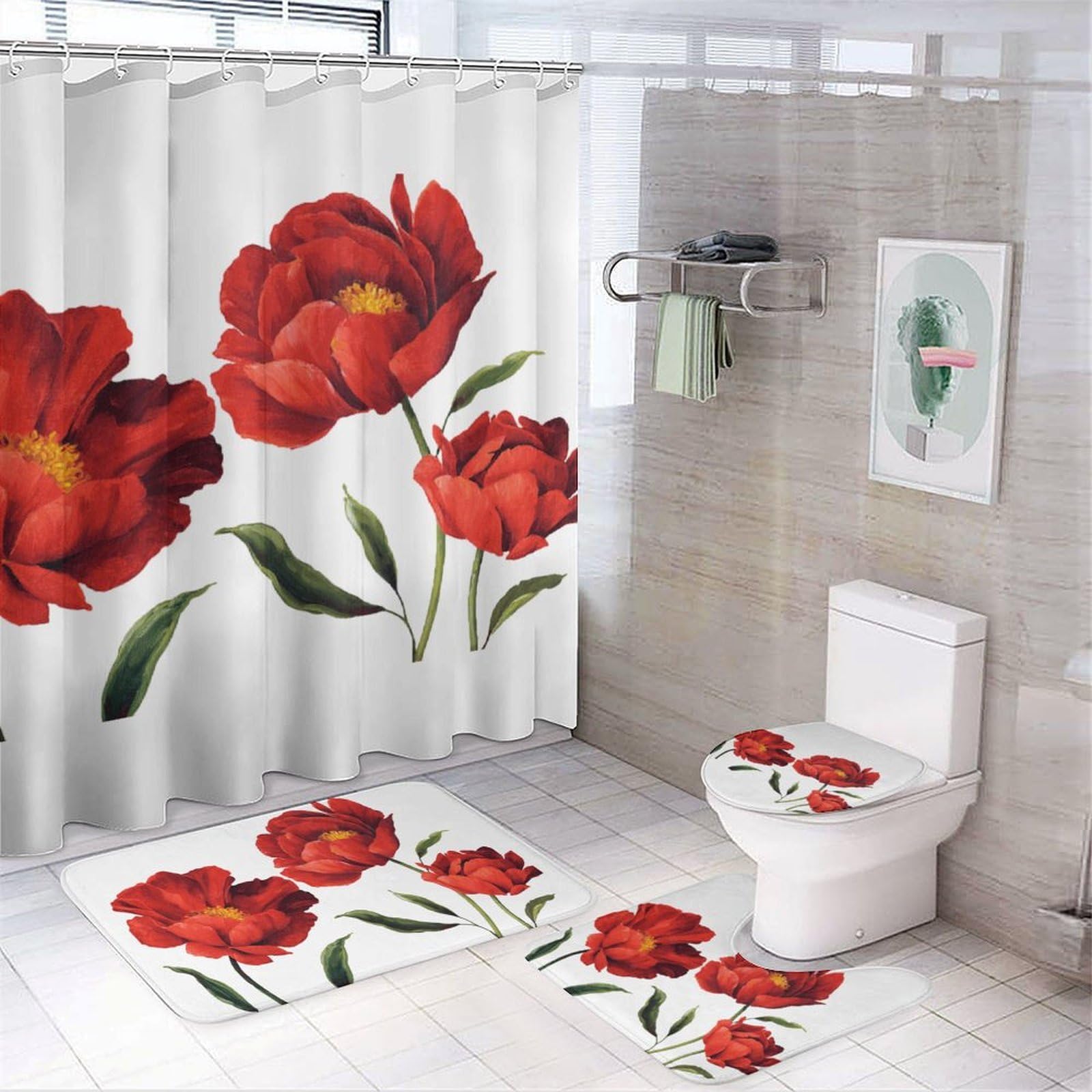 JZemdybill Bathroom Mat Set 4 Piece, Red Poppy Flowers Shower Curtain with Non-Slip Bath Mats for Bathroom
