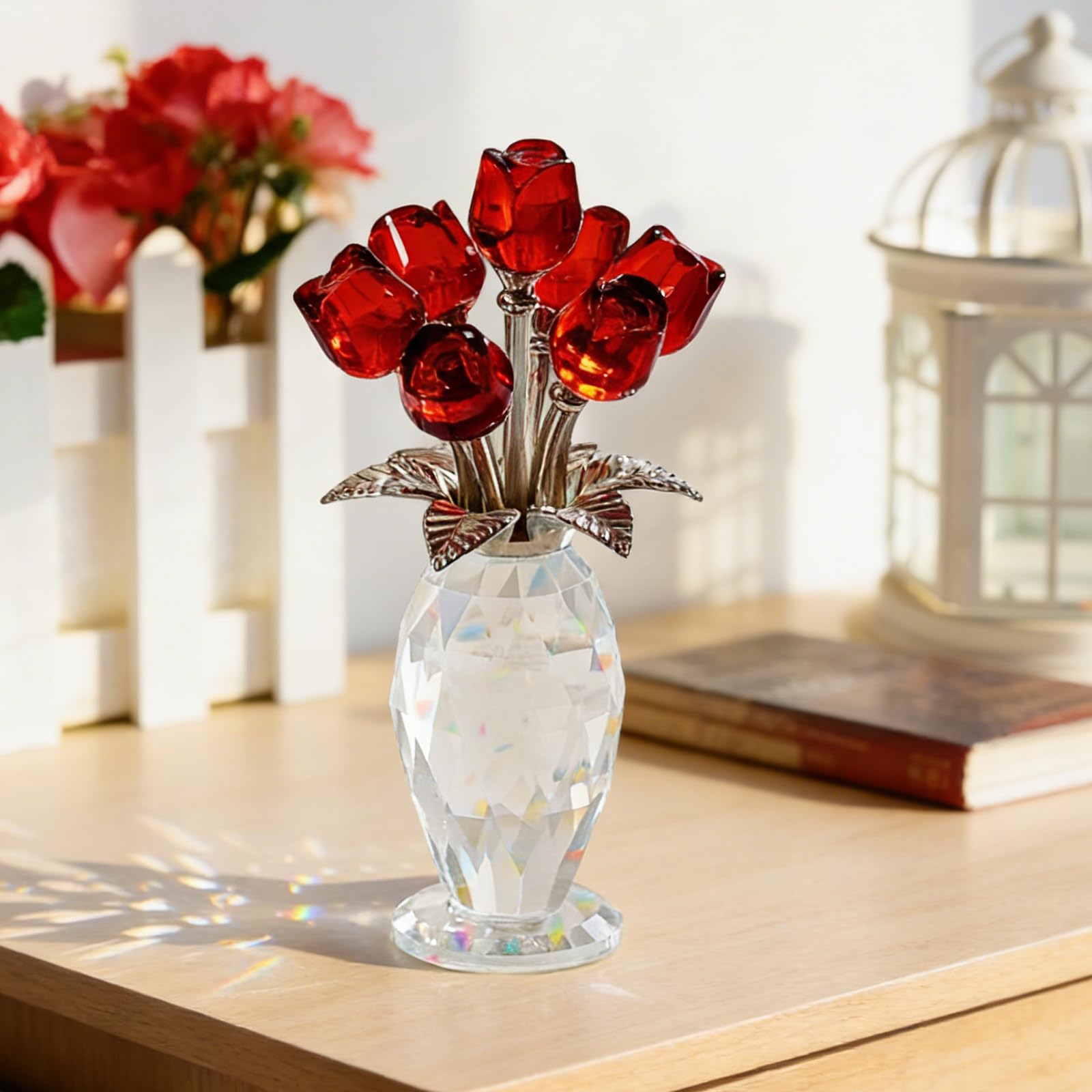 Tokenhigh Crystal Rose Flower Bouquet Figurine, Handmade Glass Ornament, Meaningful Remembrance Gift for Women, Mums and Friends, Home and Office Tabletop Centerpiece Decor (Red Rose)