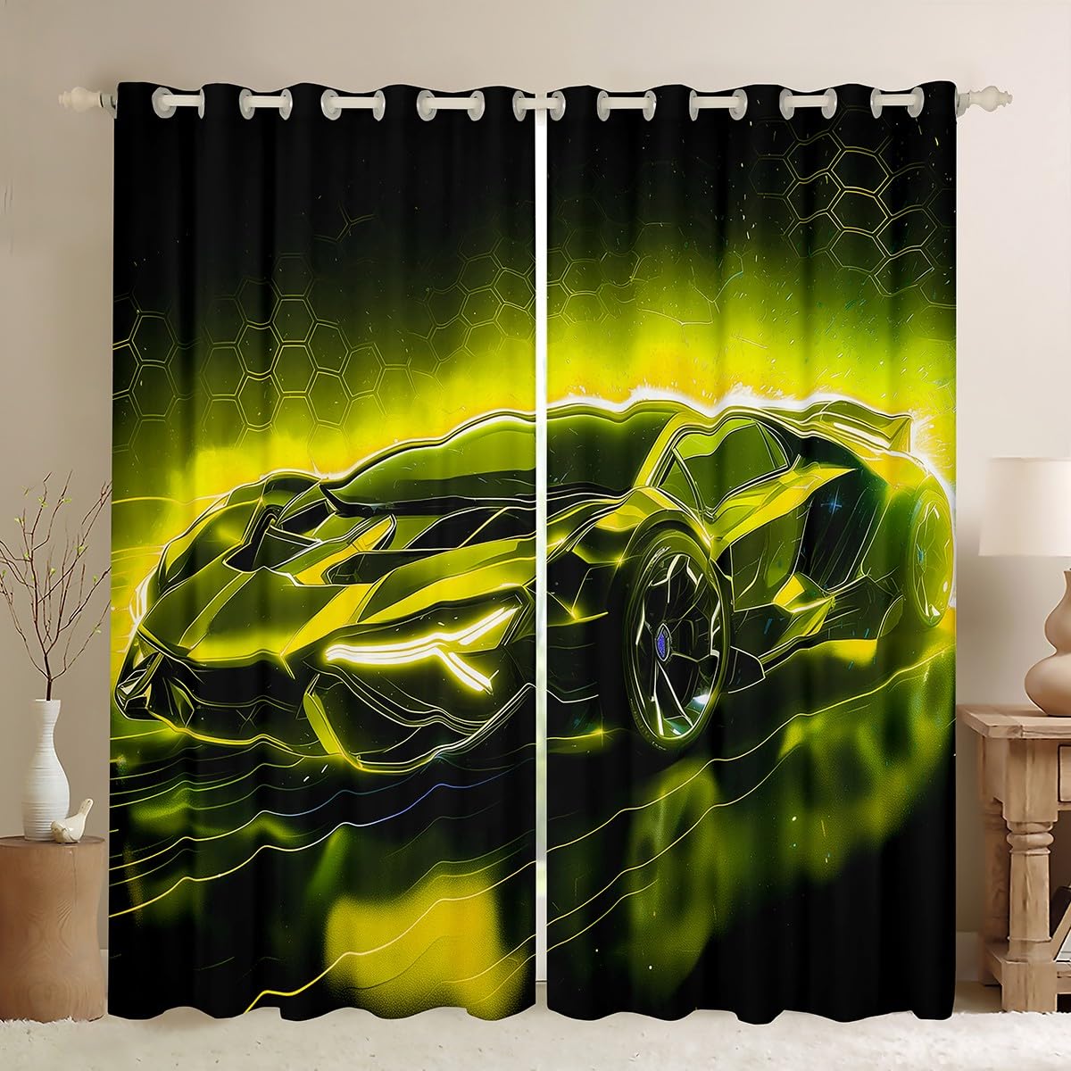 Homemissing Kids Boys Sports Car Window Drapes Yellow Race Car Curtains Teens Boys Extreme Sports Theme Window Curtains for Living Room Speed Luxury Car Blackout Curtains, W52*L90,2 Panels โ image 1