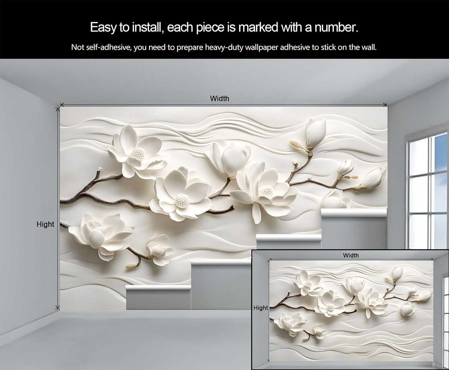 3D Relief Flower Wall Mural, Magnolia Wall Murals for Living Room, Floral Wallpaper for Bedroom (Not Peel n' Stick)