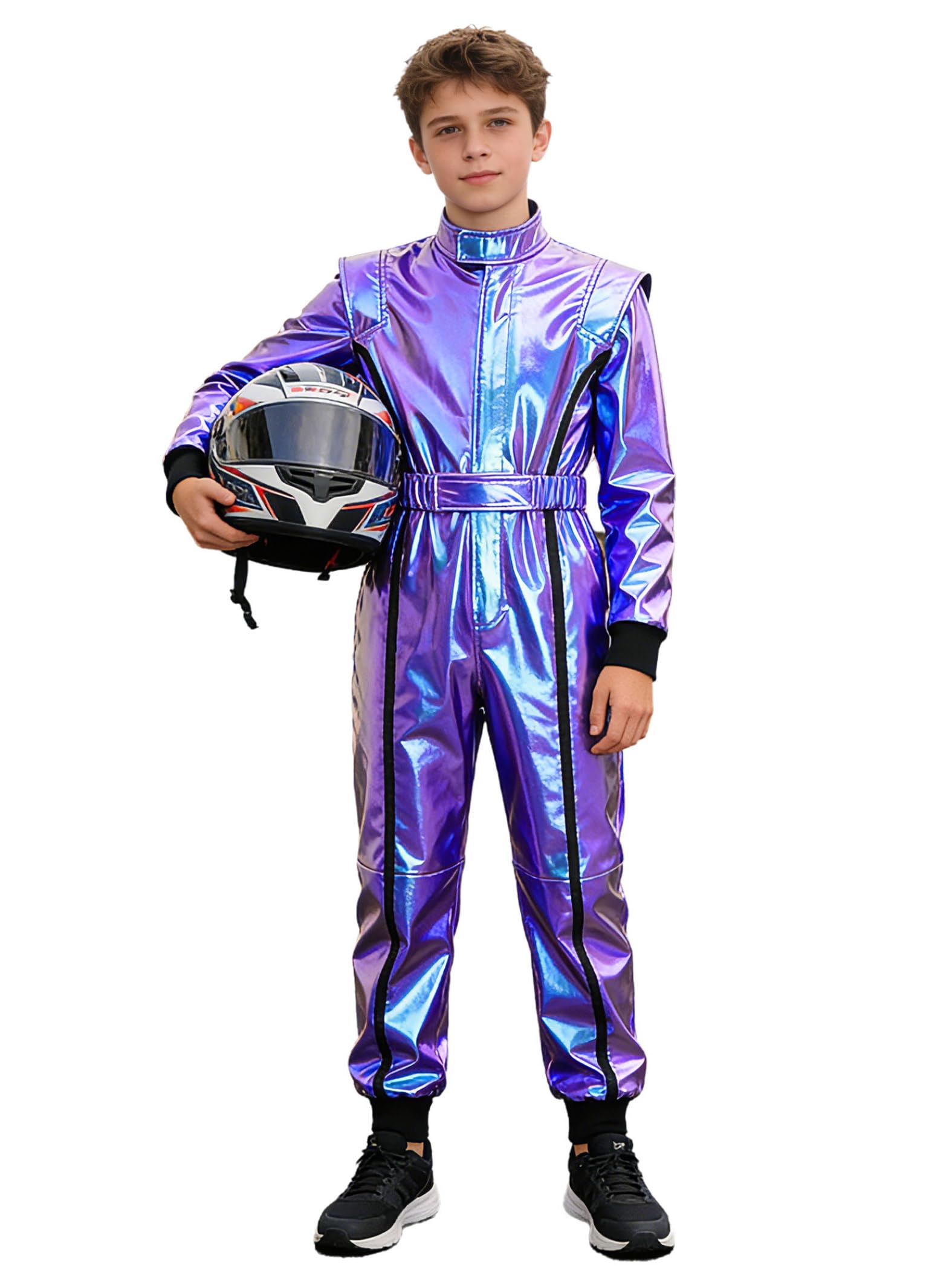 Completo Motocross Per Bambini Tuta Da Pilota Di Auto Da Corsa Body Metallizzato A Manica Lunga Jumpsuit Con Cerniera E Cintura Costumi In Maschera
