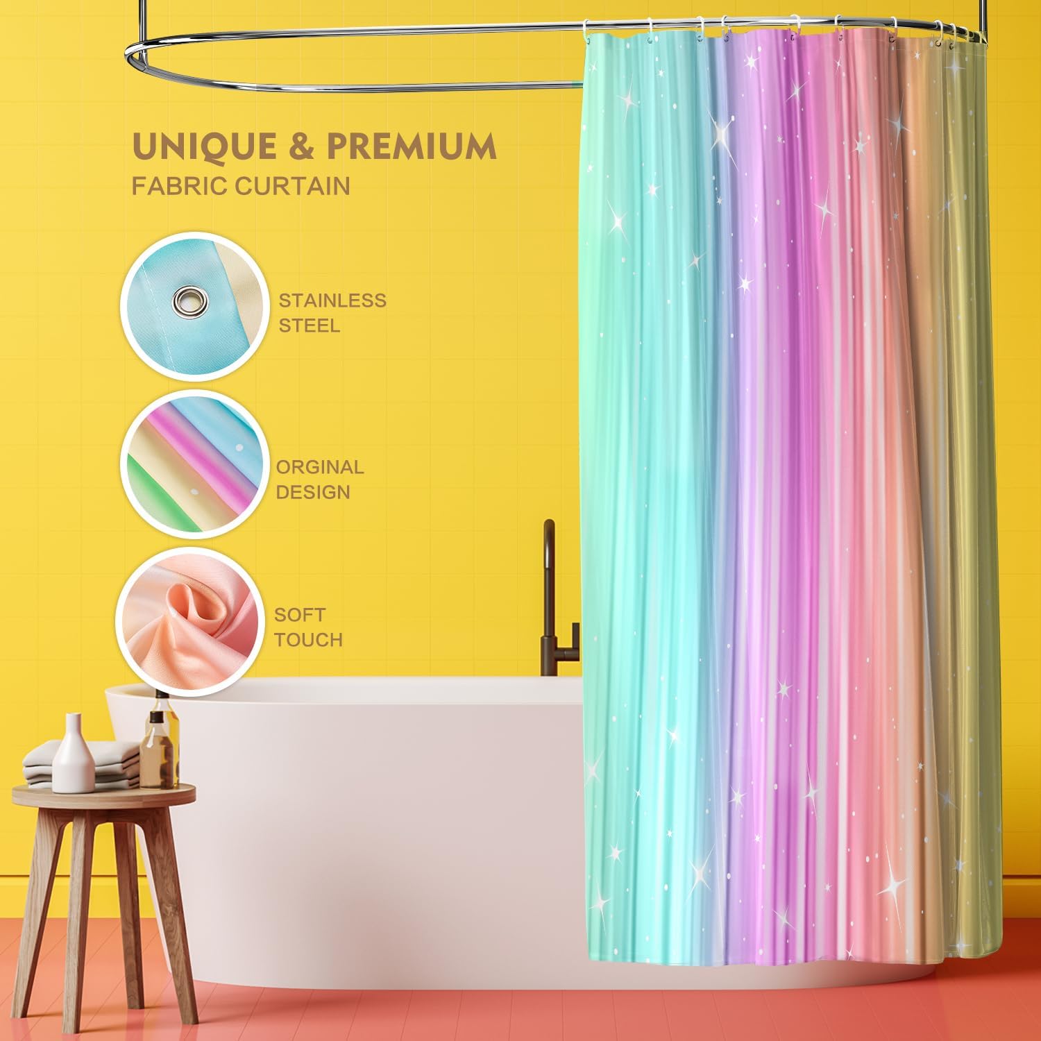 Lokigo Teal and Pink Shower Curtains for Bathroom, Ombre Colorful ​Cloth Fabric Shower Curtain Set with 12 Hooks, Light Blue Green Shower Curtain for Girls Kids, Ombre Pink Bathroom Decor 72 x 72