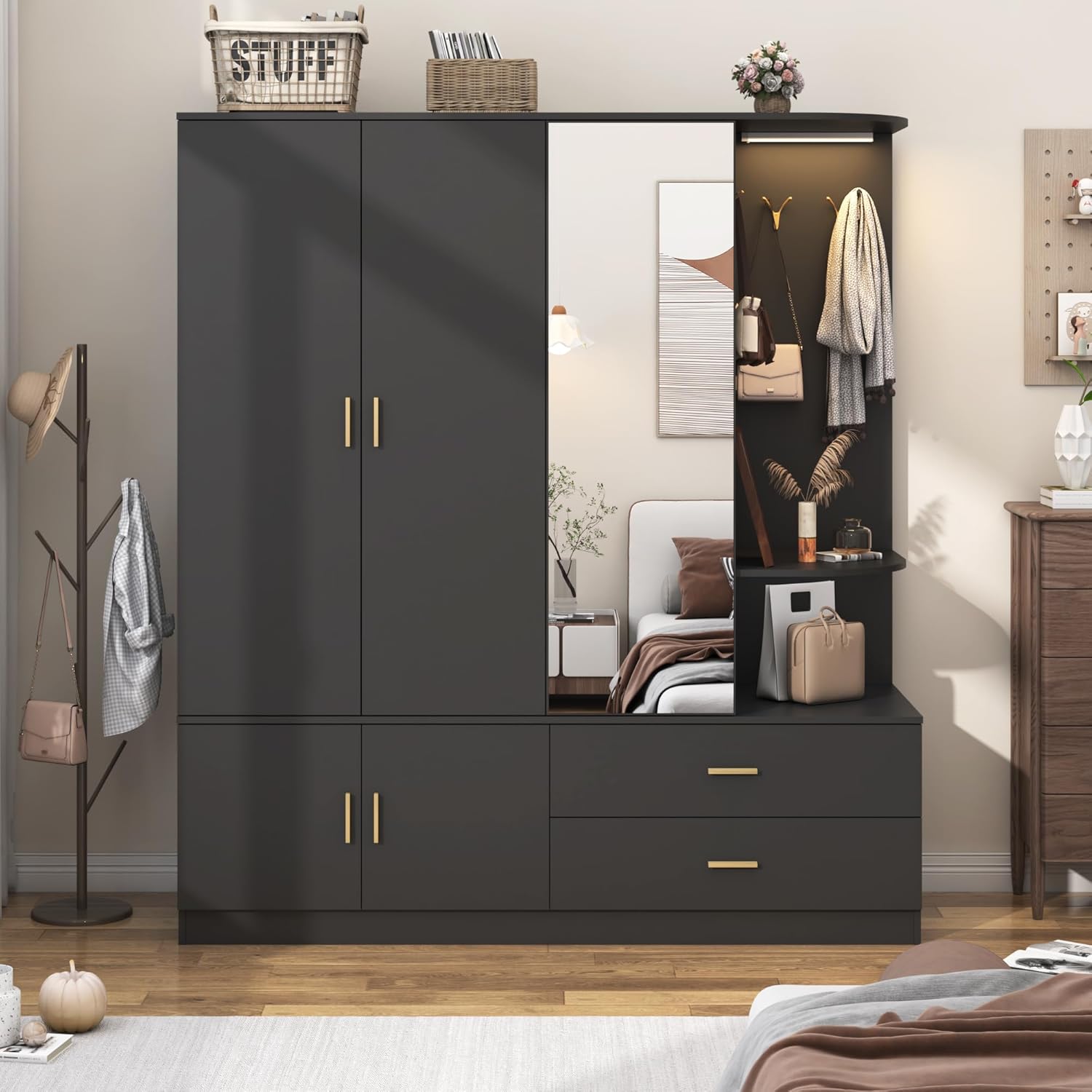 XVD Armoire Wardrobe Closet with Mirror & Sensor Light, Bedroom Armoire with 5 Doors & 2 Drawers, Modern Wooden Large Wardrobe Closet with Shelves, 4 Hooks, 2 Hanging Roods, Open Space, Black