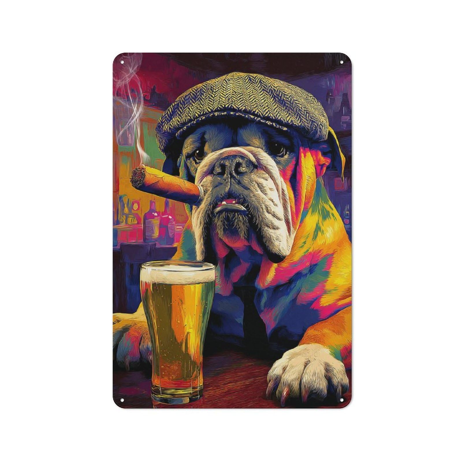Junmoney Chill Bulldog With Beer And Cigar -2 Retro Tin Wall Plaque 30X20cm For Garage Or Workshop, A Metal Wall Feature For Garages And Tool Rooms