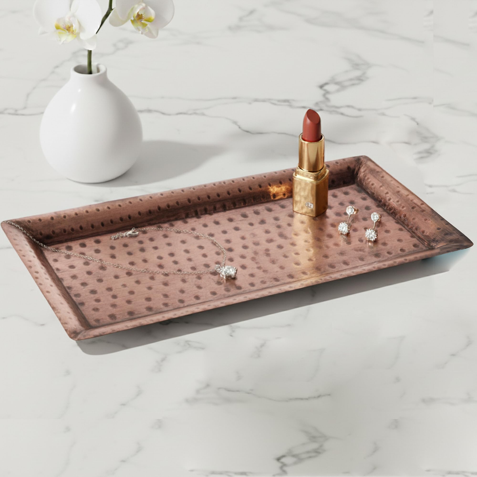 Towel Hammering Trays, Hand Hammered Metal Decorative Vanity Platter Tray, Rectangle Serving Tray, Stainless Steel Dishwasher Safe Dessert Tray For Kitchen Bathroom Counter Stora, 25x11cm(Gold - View #6