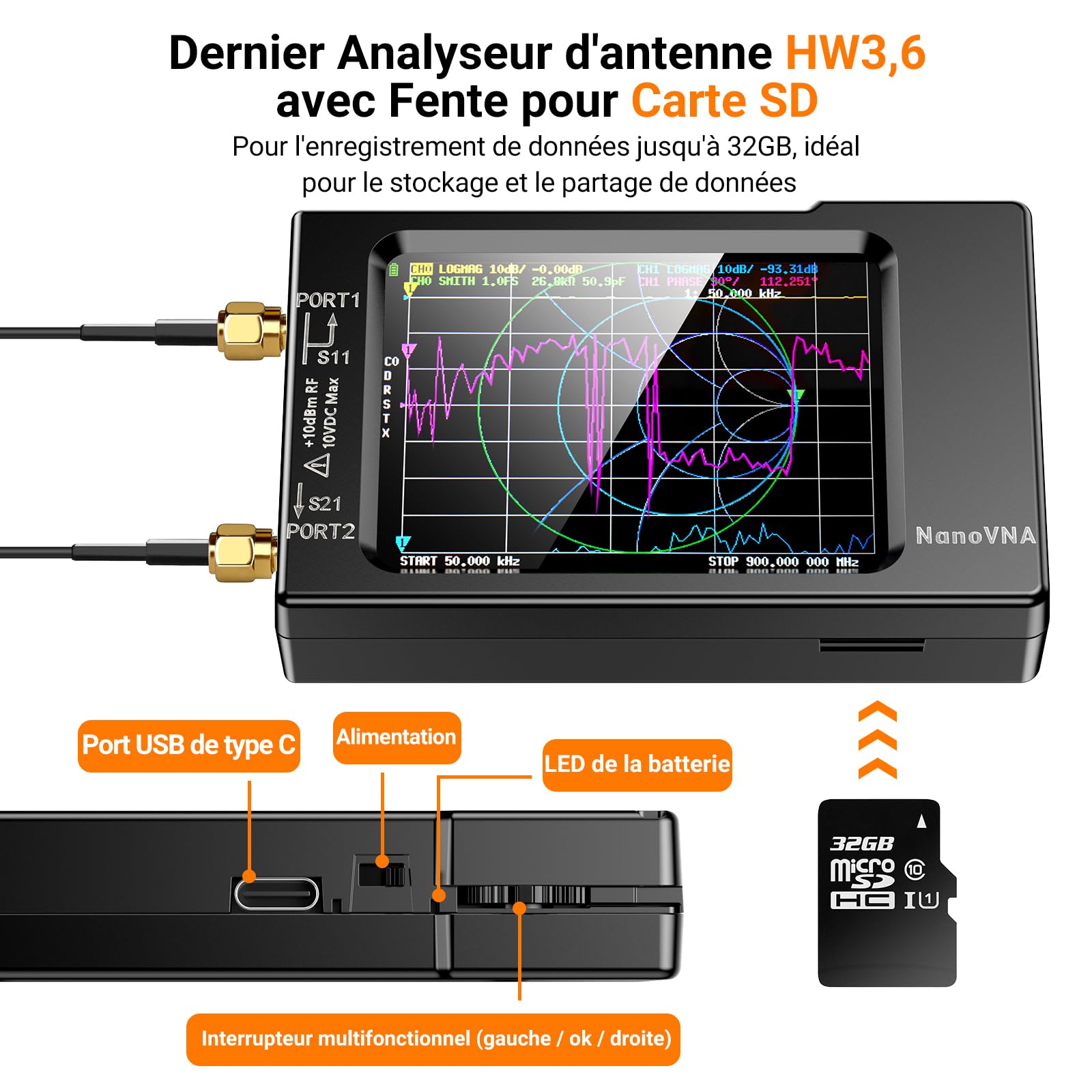 Elikliv NanoVNA-H Analyseur de Réseau Vectoriel, Analyseur d'antenne 10KHz-1,5GHz Dernière Version HW 3,6 HF VHF UHF pour Paramètres S, VSWR et Analyse de Crête, Phase, Retard et Diagramme Smith