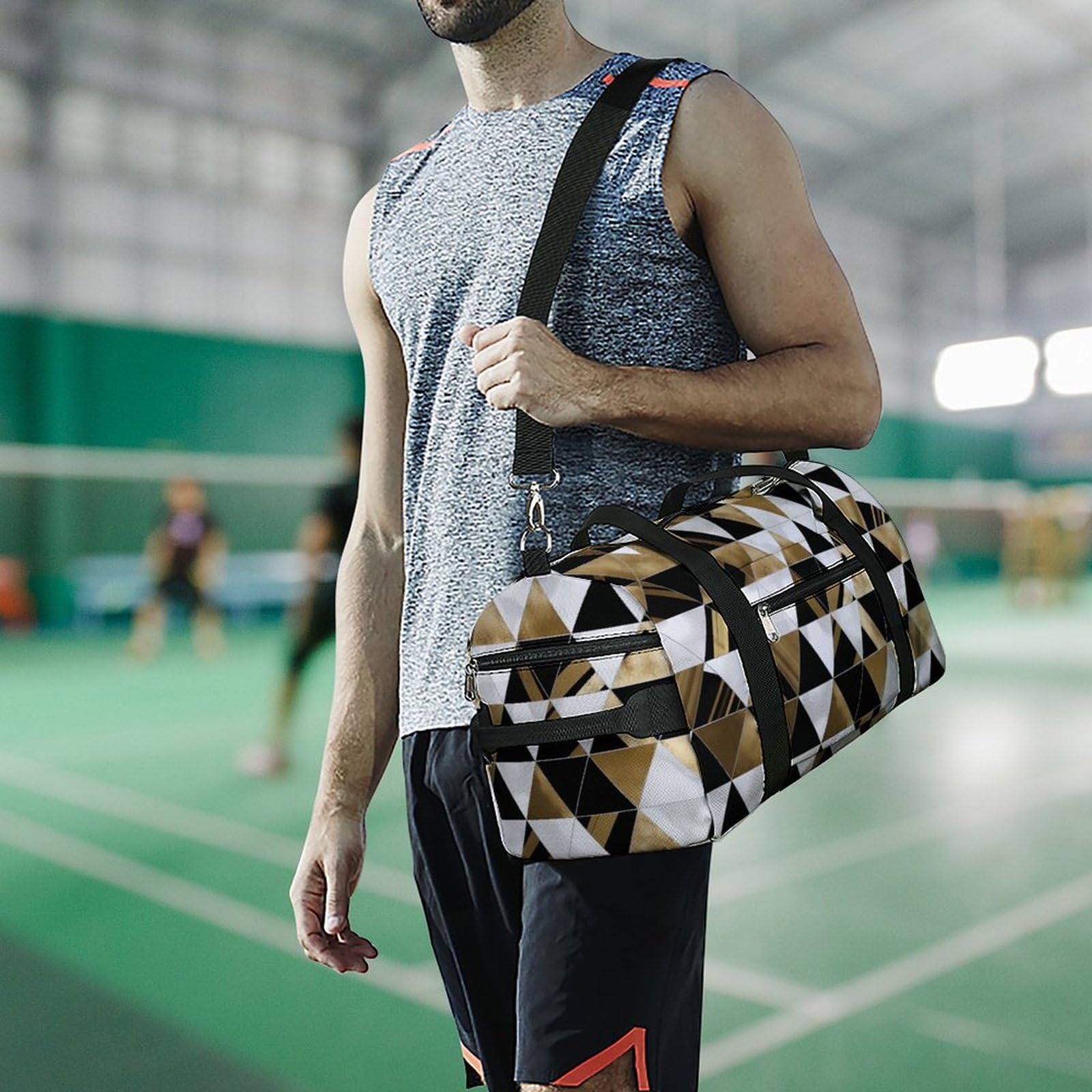 Turnbeutel Mode Modern Schwarz Weiß Gold Dreiecke Turnbeutel für Damen Herren Rucksack Turnbeutel mit Schuhfach Wiederverwendbar Turnbeutel Mini Turnbeutel Mode Modern Schwarz Weiß Gold Dreiecke