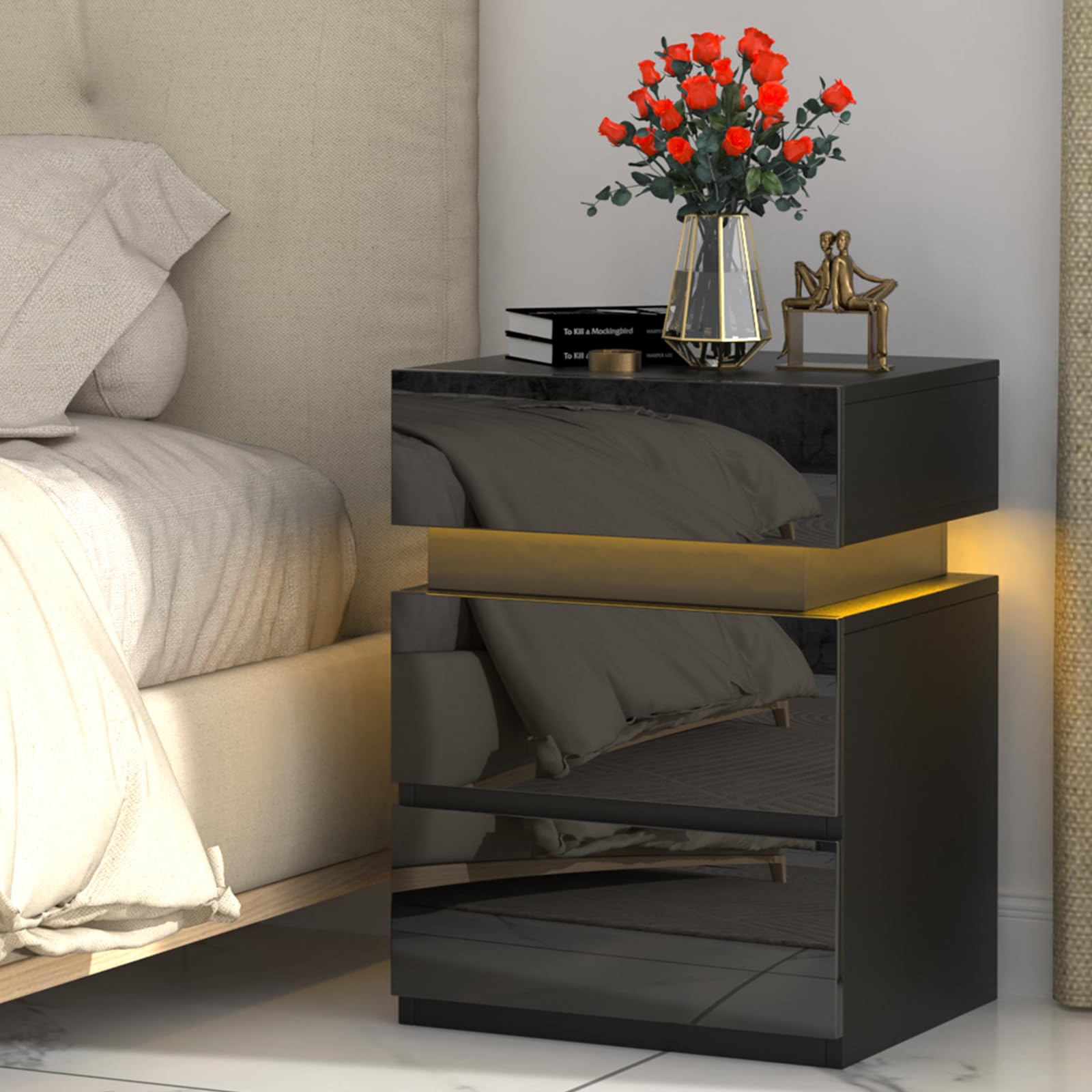 Lvechforhm Mesita de Noche con Tira de Luz LED Multicolor Variable, Estilo Moderno Mesita de Noche LED Ajustable de 16 Colores, Mesita de Noche Dormitorio con 3 Cajones, Negro Mesa Auxiliar 40x35x55cm