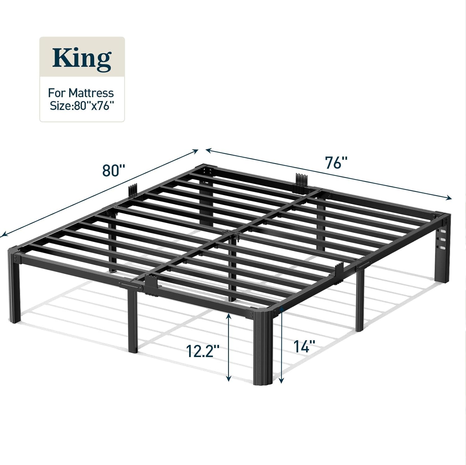 King Size Bed Frame,14 Inch 3500LBS Heavy Duty Noise-Free Metal Platform with Mattress Stoppers Retainers,Headboard Compatible,No Box Spring Needed,Easy Assembly, Round Feet