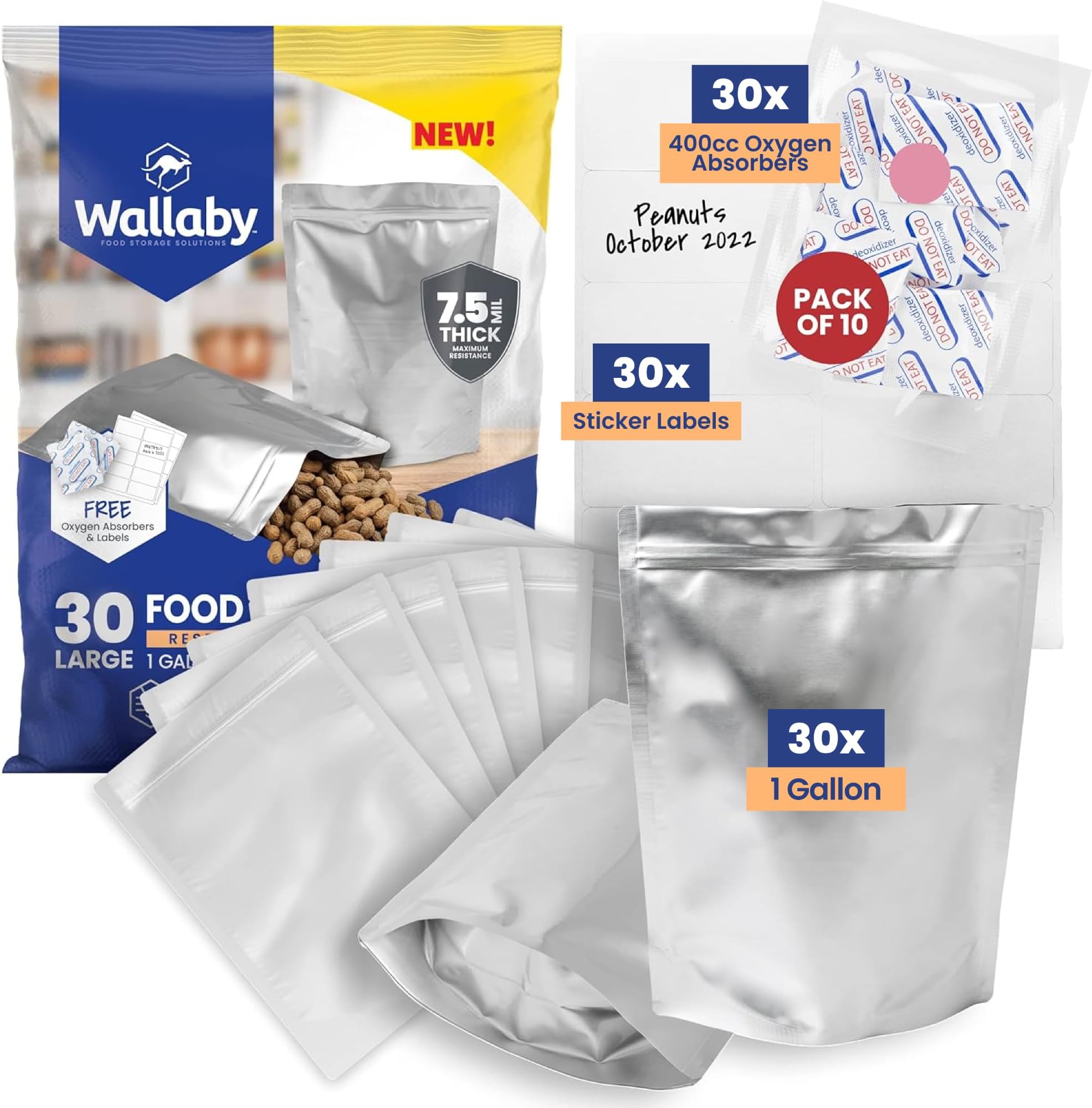 Wallaby 30 Count 1-Gallon Gusset Mylar Bags with 400cc Oxygen Absorbers, 15 Mil Total Thickness Long-Term Food Storage Pouches, 10x14 Stand-Up Zipper Heat-Sealable Airtight Packaging - Silver