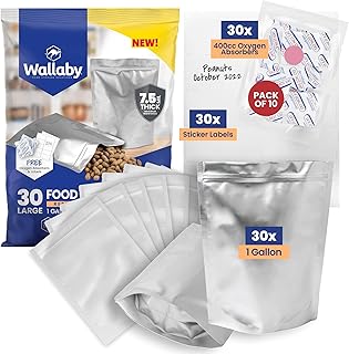 Wallaby 30 Count 1-Gallon Gusset Mylar Bags with 400cc Oxygen Absorbers, 15 Mil Total Thickness Long-Term Food Storage Pouches, 10x14 Stand-Up Zipper Heat-Sealable Airtight Packaging - Silver