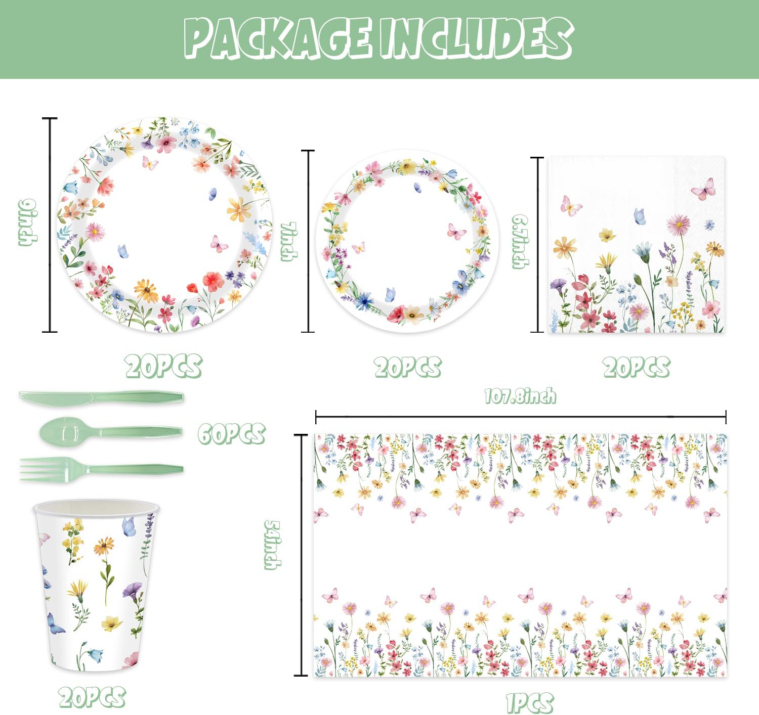 141PCS Wildflower Party Decorations Spring Floral Baby Shower Birthday Decorations - Include Plates and Napkins Forks Cups Straws Tablecloch for Wildflower Baby Shower Decorations Serves 20 Guests - Image 2