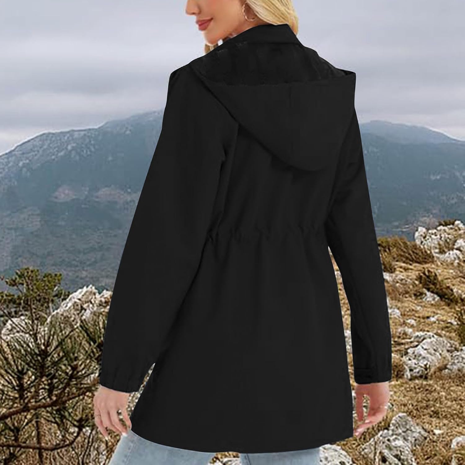 Women's Waterproof Hooded Trench Coat Lightweight Windbreaker Open Front Outdoor Hiking Casual Spring Fall Rain Jacket