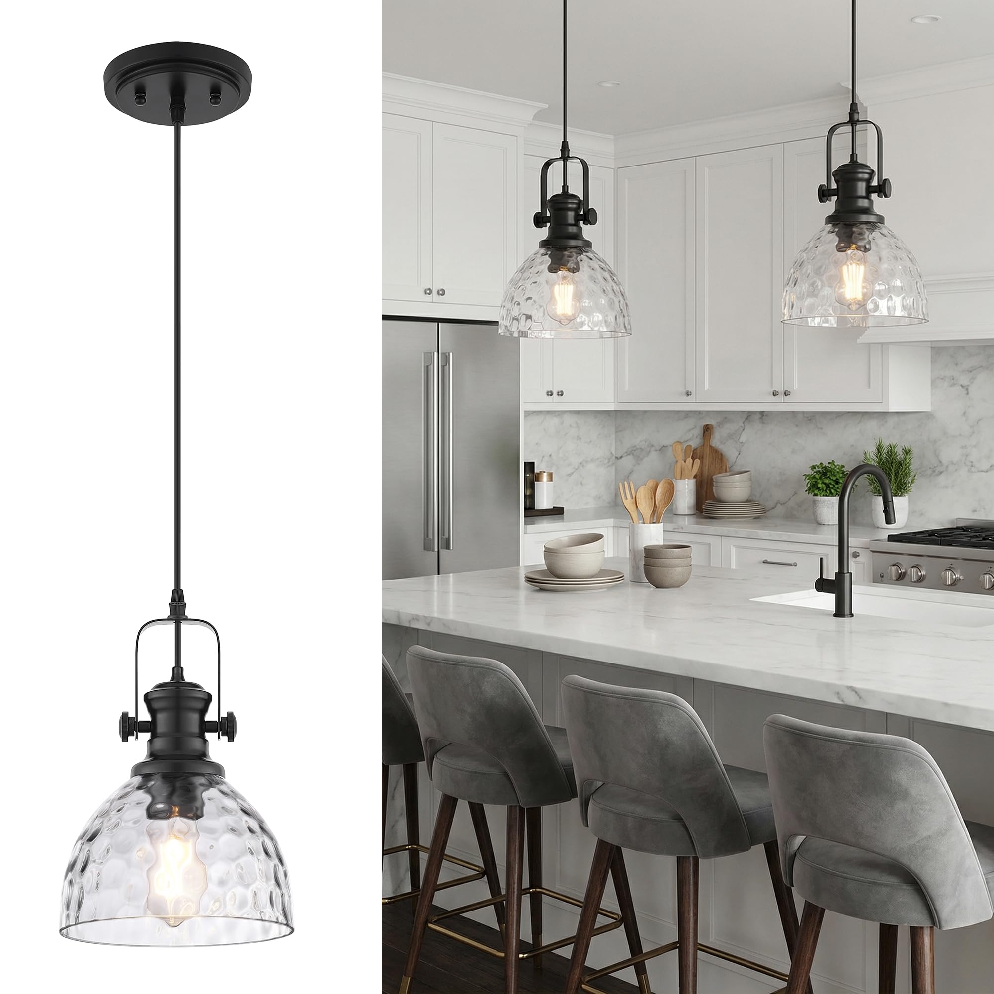 7.5" Black Pendant Lights Kitchen Island, Hammered Glass Shade