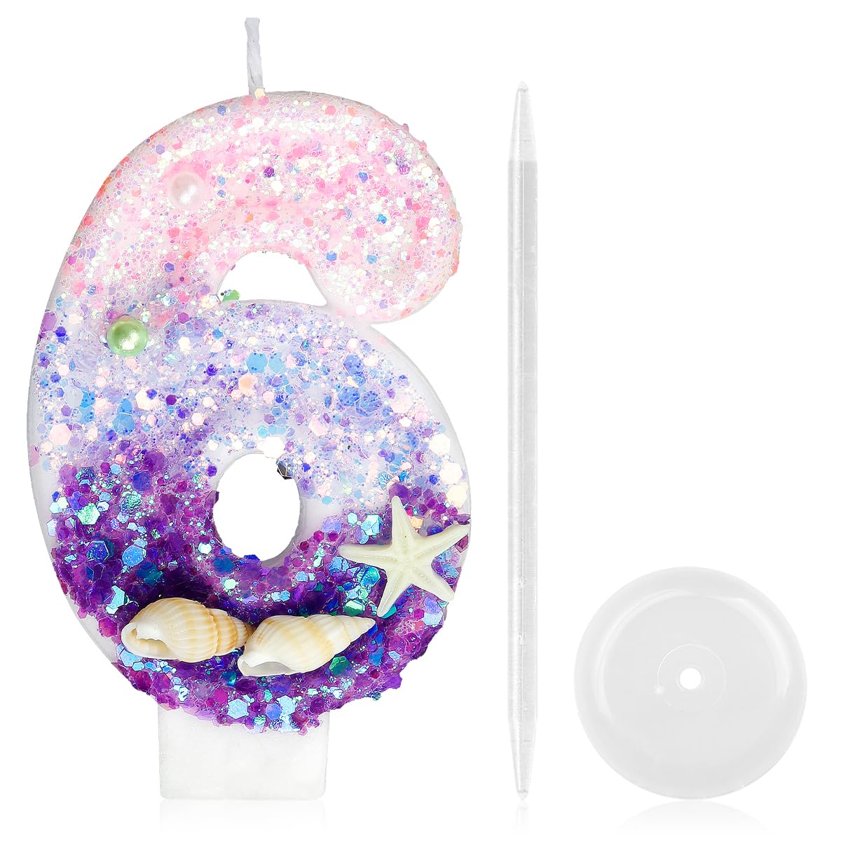 Pink Purple Gradient Birthday Candle, GLADFRESIT Mermaid Number 6 Candle with Conch Starfish, Sparkling Birthday Cake Topper Decorations for Girls