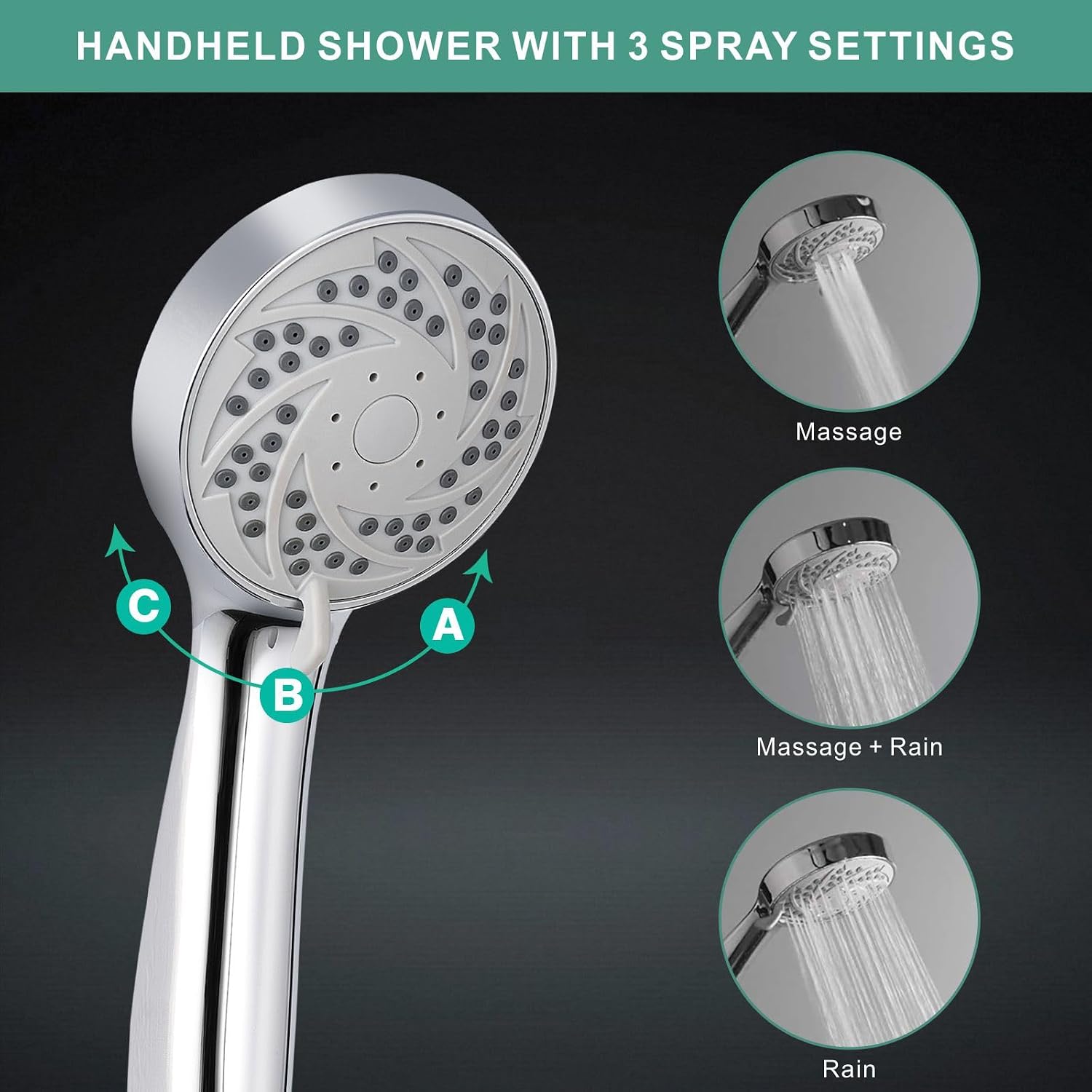 Shower Set — Includes Handheld Showerhead, High-Pressure Rainfall Showerhead, and Adjustable Handheld Combination; Comes with Mount and 5-Foot Hose; Chrome Finish