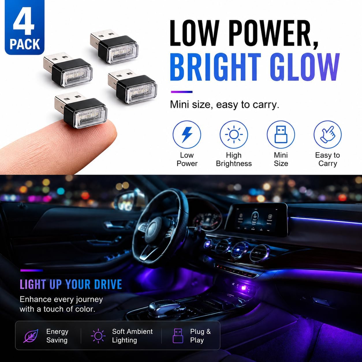 Mini USB Car Interior Lights, LED Accent (Pinkish Purple) image 5