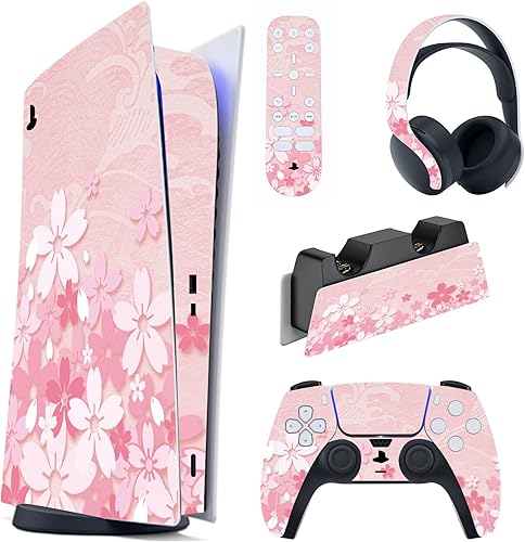 PlayVital Cherry Blossoms Petals Full Set Skin Decal for ps5 Console Digital Edition, Sticker Vinyl Decal Cover for ps5 Controller & Charging
