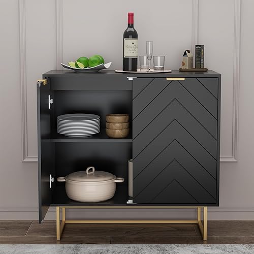 Miniatura 4 de Scurrty - Armario aparador de 80 cm en negro con almacenamiento, gabinete con puertas y estante ajustable para sala de estar y cocina