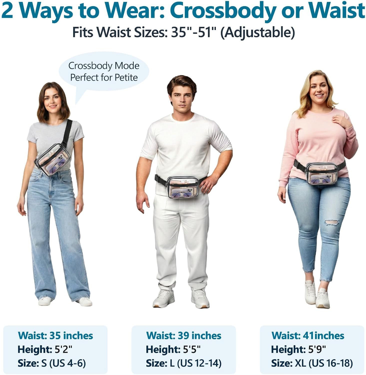 Veckle Clear Fanny Pack Stadium Approved - Plus Size 35-51 Inch Adjustable Strap Transparent Belt Bag for Women Men Fits 7.5" Smartphone, Crossbody Clear Bag for Stadium Events Sports Concerts, Black - Image 6