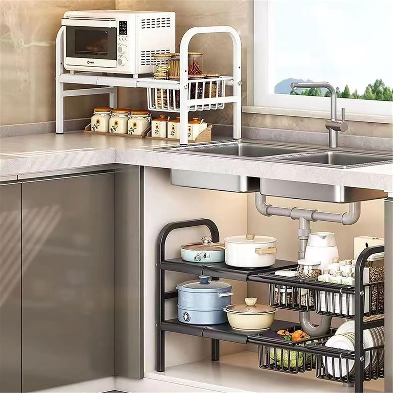 Under Sink Organizers, 2 Tier Stretchable Cabinet Shelf Organizer with 4 Removable Panels and 4 Under Shelf Basket for Under Bathroom Storage,Under Cabinet Shelves,kitchen Sink Storage Rack (black) - Image 6