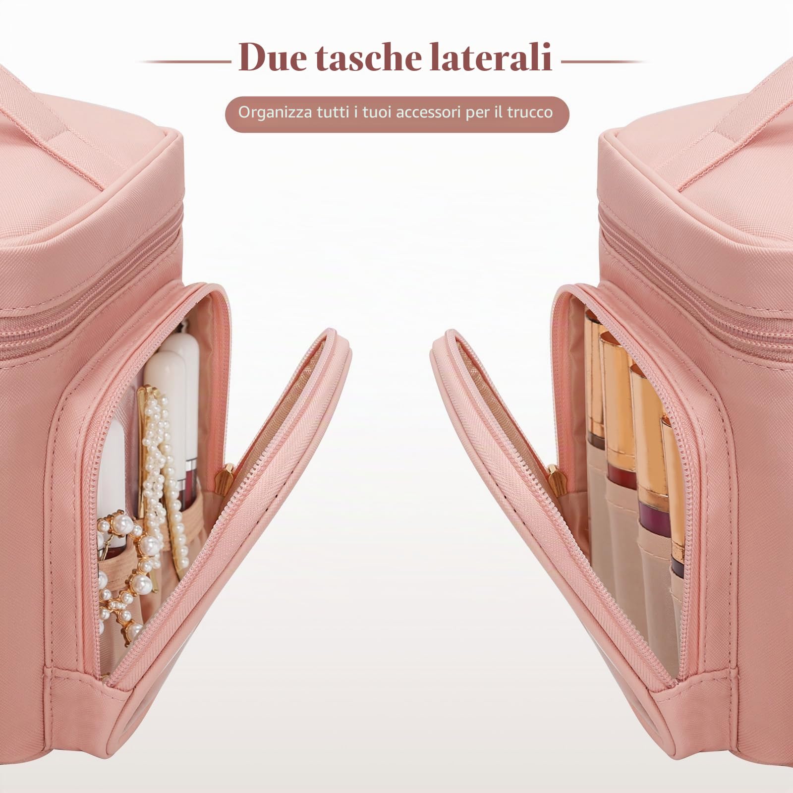 Grande trousse per il trucco da viaggio per donna con scomparto portapennelli, organizer portatile, Rosa