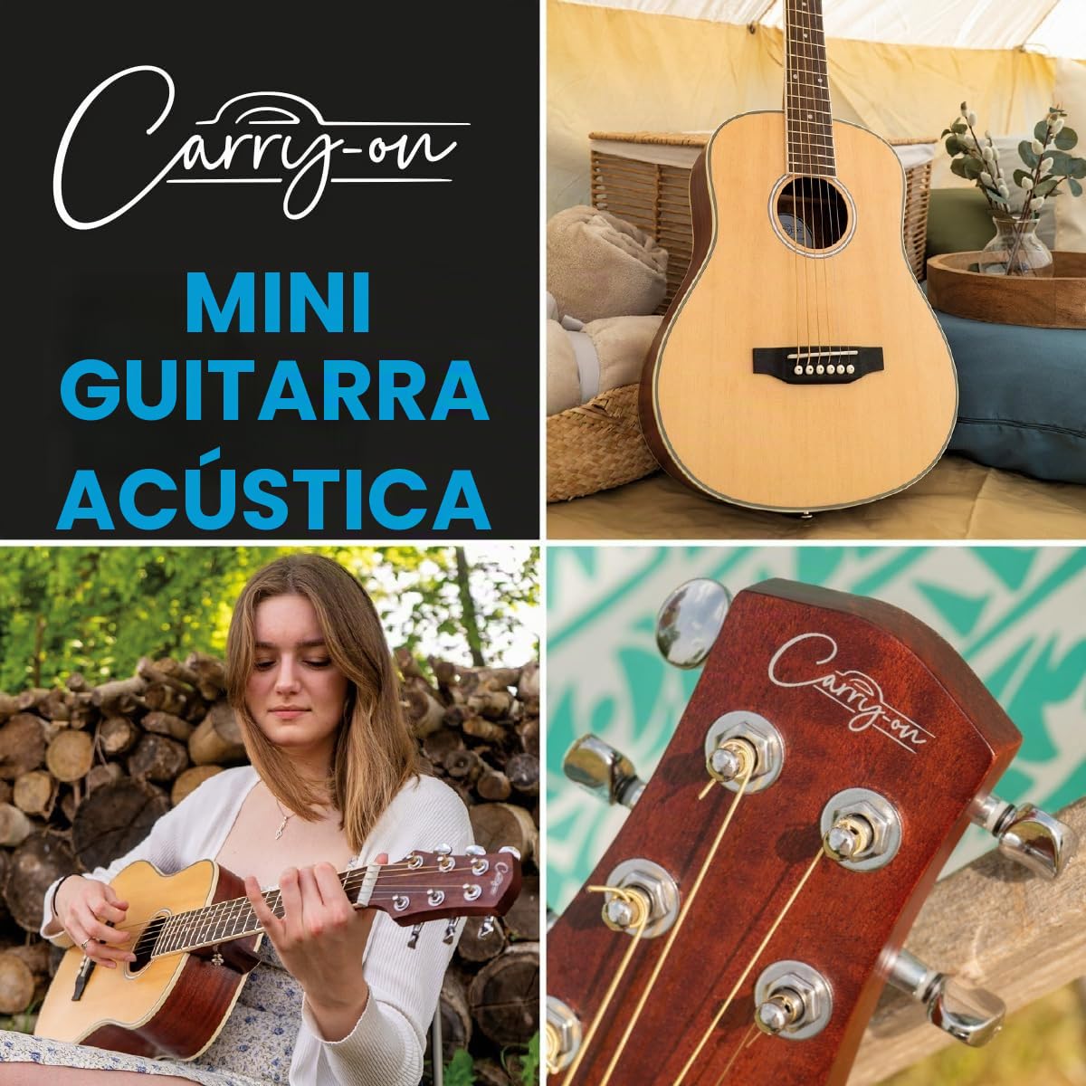 Carry-on Mini guitarra acústica, tamaño 3/4, viajes, educación, cuerda de acero, natural