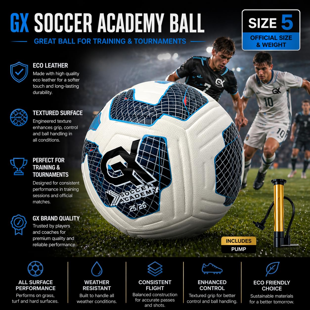 GX Soccer Academy Tour+ - Balón de fútbol profesional, tamaño 5, pelota de competición azul y blanca