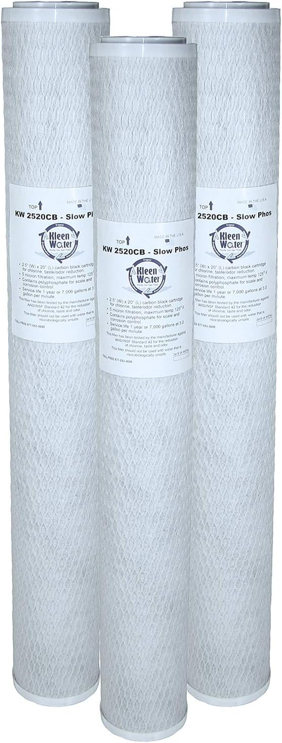 KleenWater KW2520CB-SlowPhos 2.5" x 20" Filter Compatible with Aquios RCFS220, Replacement Carbon Block Water Filter Cartridge, Set of 3