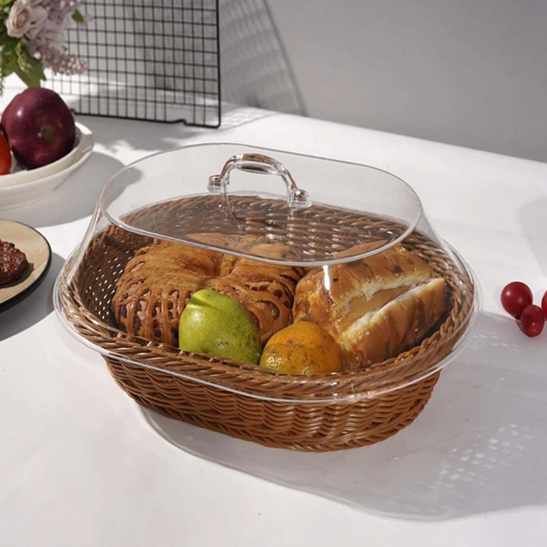 Cestas de pan de mimbre, cesta de polipropileno tejido con tapa acrílica, bandeja de dulces de bocadillos ovalados para el organizador de dulces para exhibición de alimentos Bakery Bakery Family/14x1