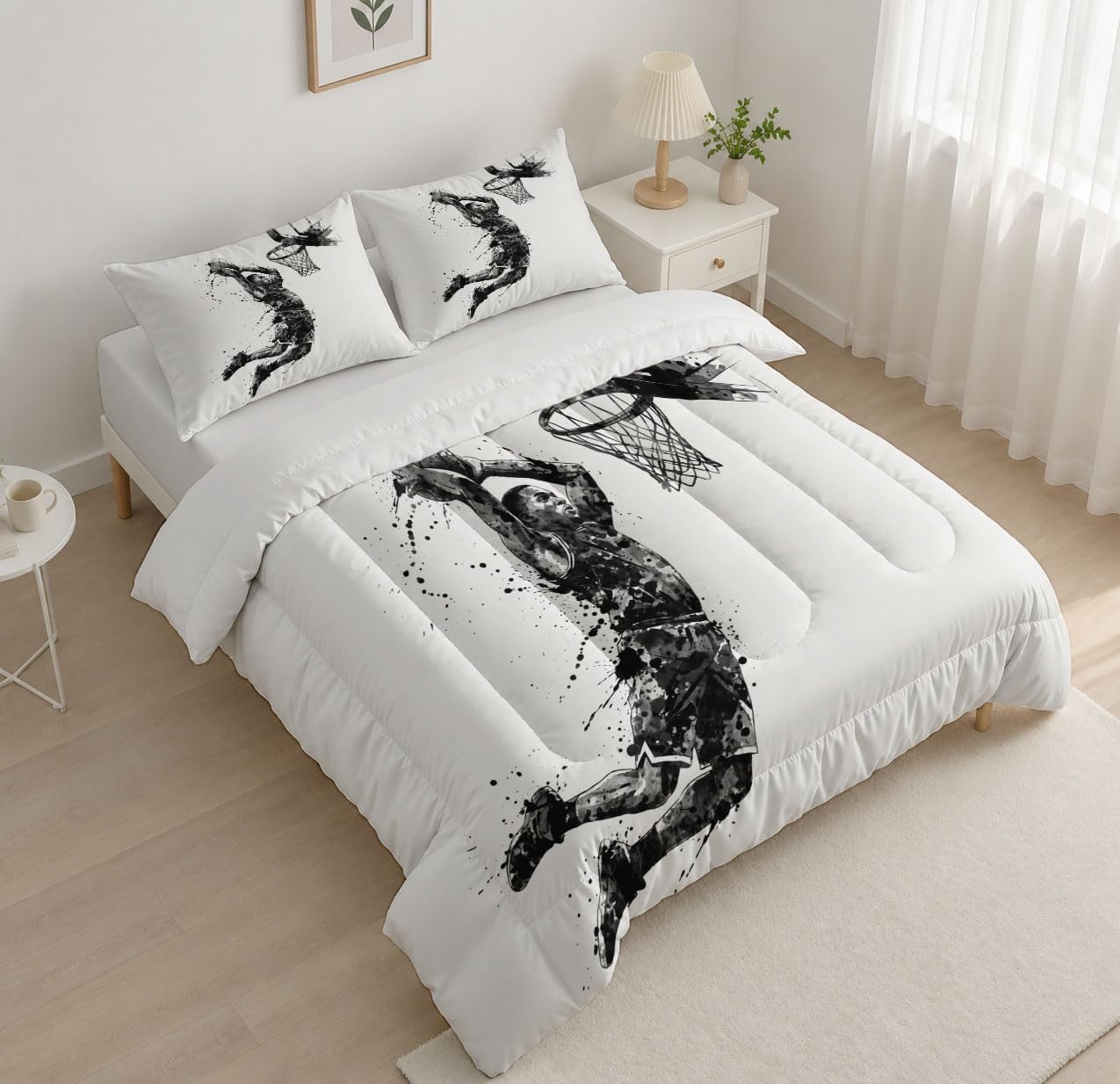 Abstract Figures Comforter Set King Size, Athlete Bedding Set for Girls Boys, Black Quilt Bed 104"X90" Bedding Comforter Sets with 2 Pillowcase Room Decor