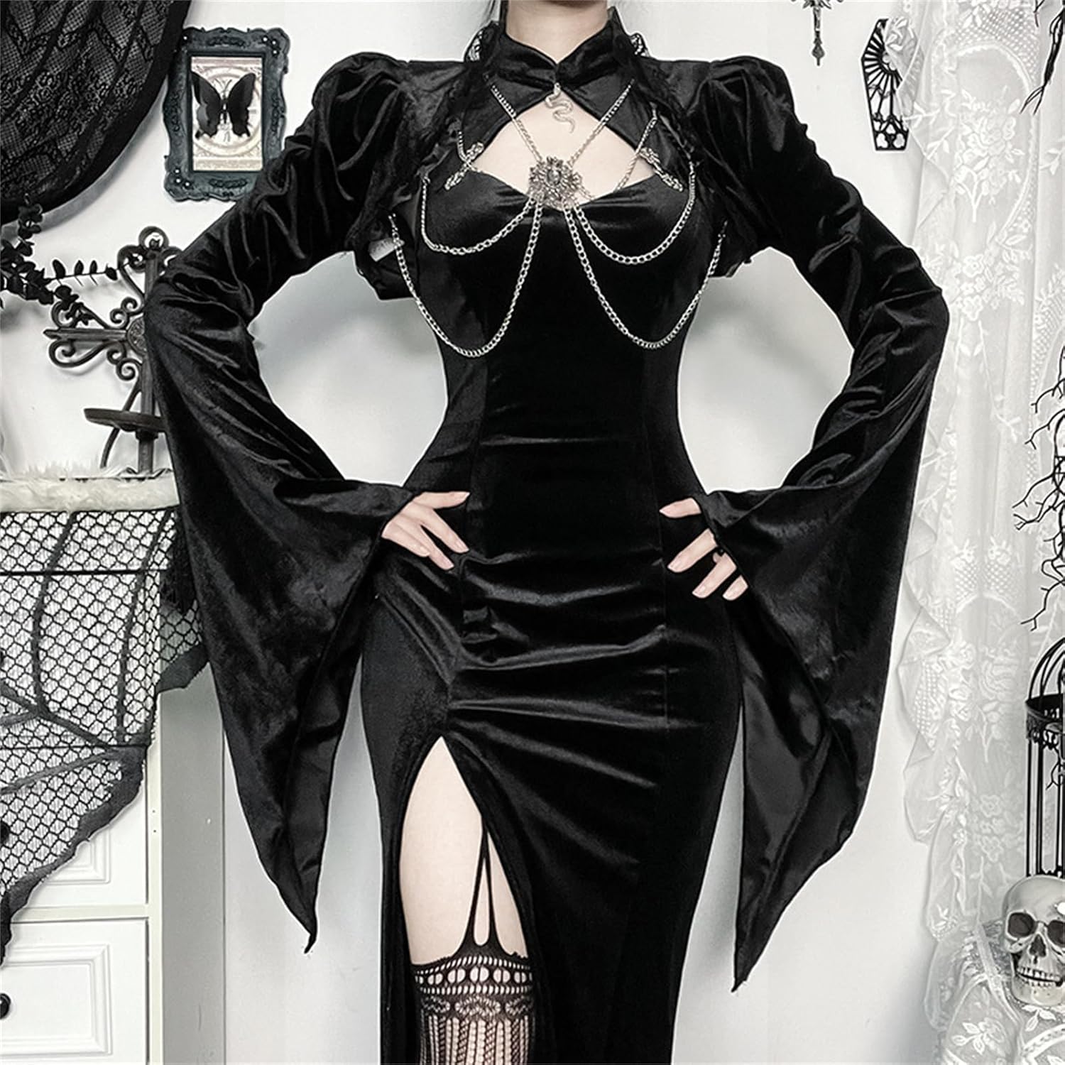 Women Gothic Crop Top Shirt Y2K Black Bell Sleeve Shawl Cardigan Punk Bolero Shrug - Image 2