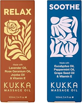Kukka Relax Massage Oil 3.4 fl oz & Aromatherapy Massage Oil 3.4 fl oz Set - Body Oils for Women & Men - Spa Quality & Light Weight