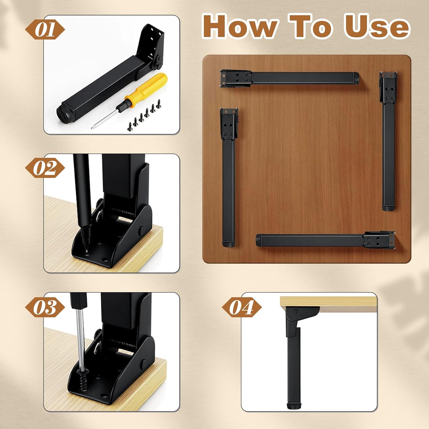 8 Pcs 8-16Inch Folding Table Legs, Folding Metal Table Legs with Screws 2 Size Furniture Legs for Sofa Office Table Loveseat Dresser, Each Size/4Pcs, Black