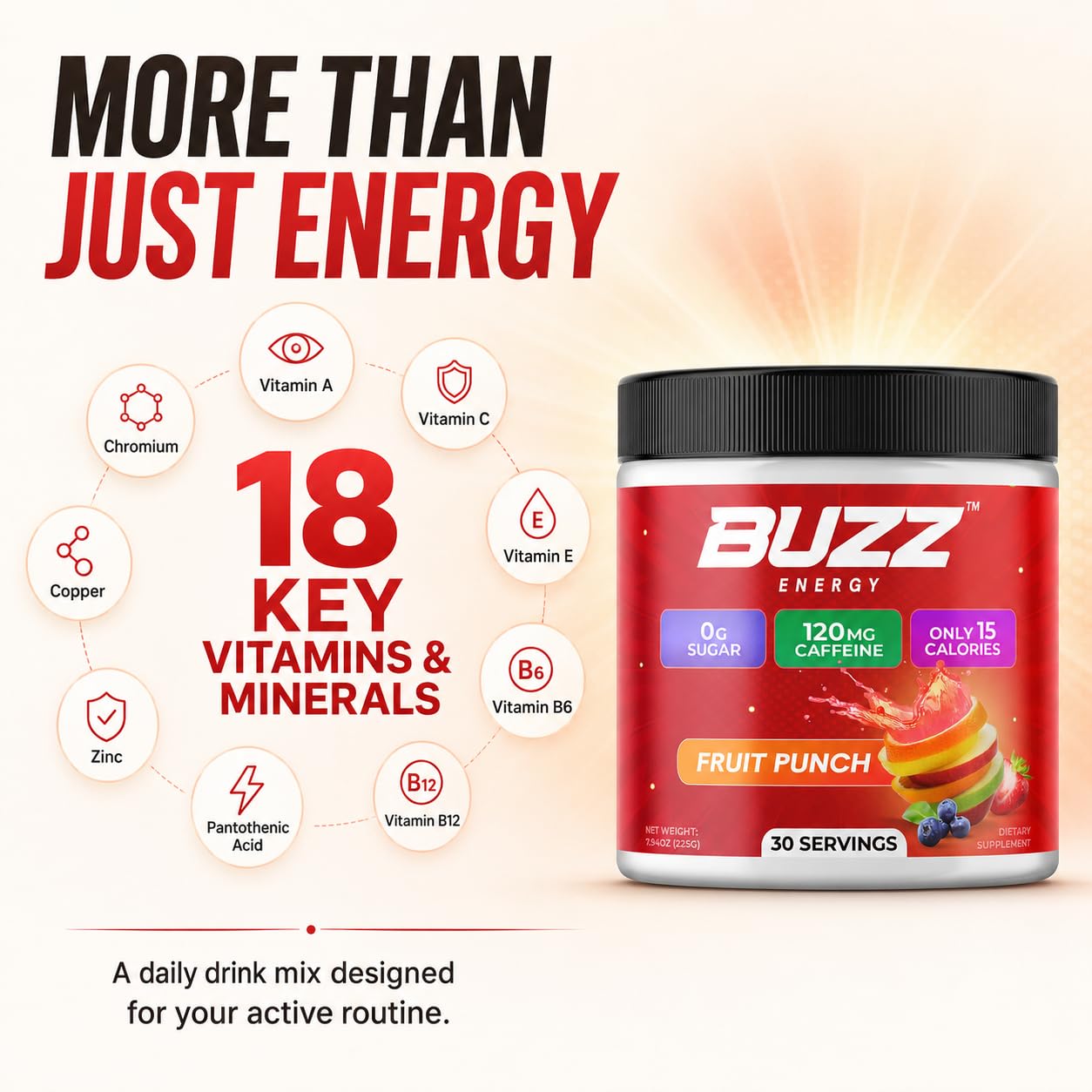 Sugar Free Energy Drink Powder - 18 Vitamins & Minerals, Fruit Punch Flavor — Amazon image 5