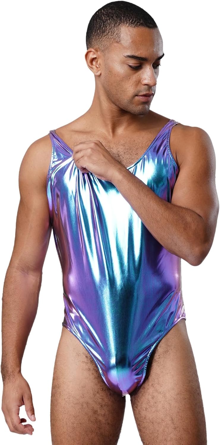 Mens Shiny Metallic Bodysuit One Piece Gymnastic Blouse Leotard Rave Party Halloween Outfits