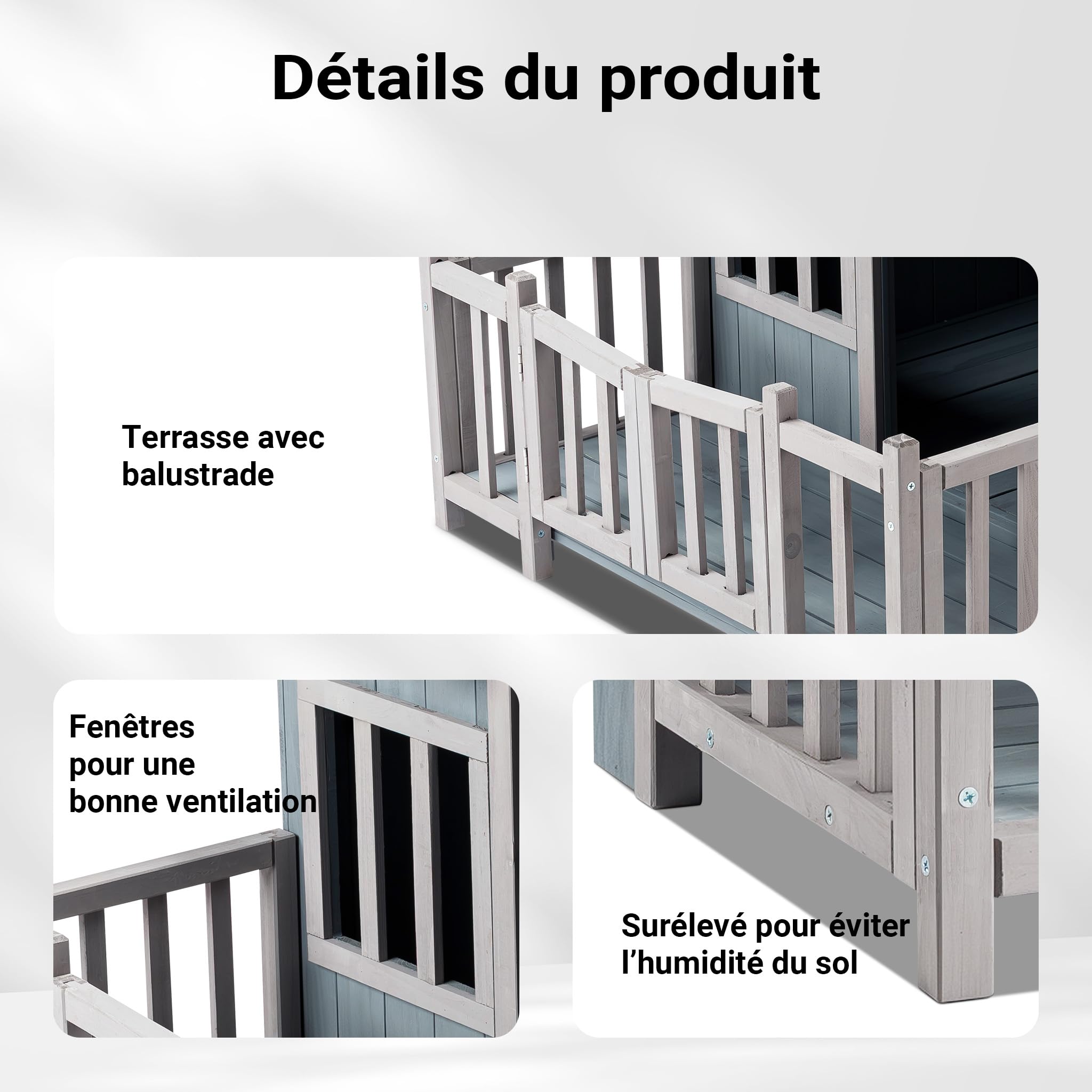 Wiltec Niche de Chien Maison de Luxe XL – Couleur Grise – 935 x 1050 x 775 mm – en Bois de Sapin – avec Toit bitumé et véranda – pour Balcon Jardin Terrasse