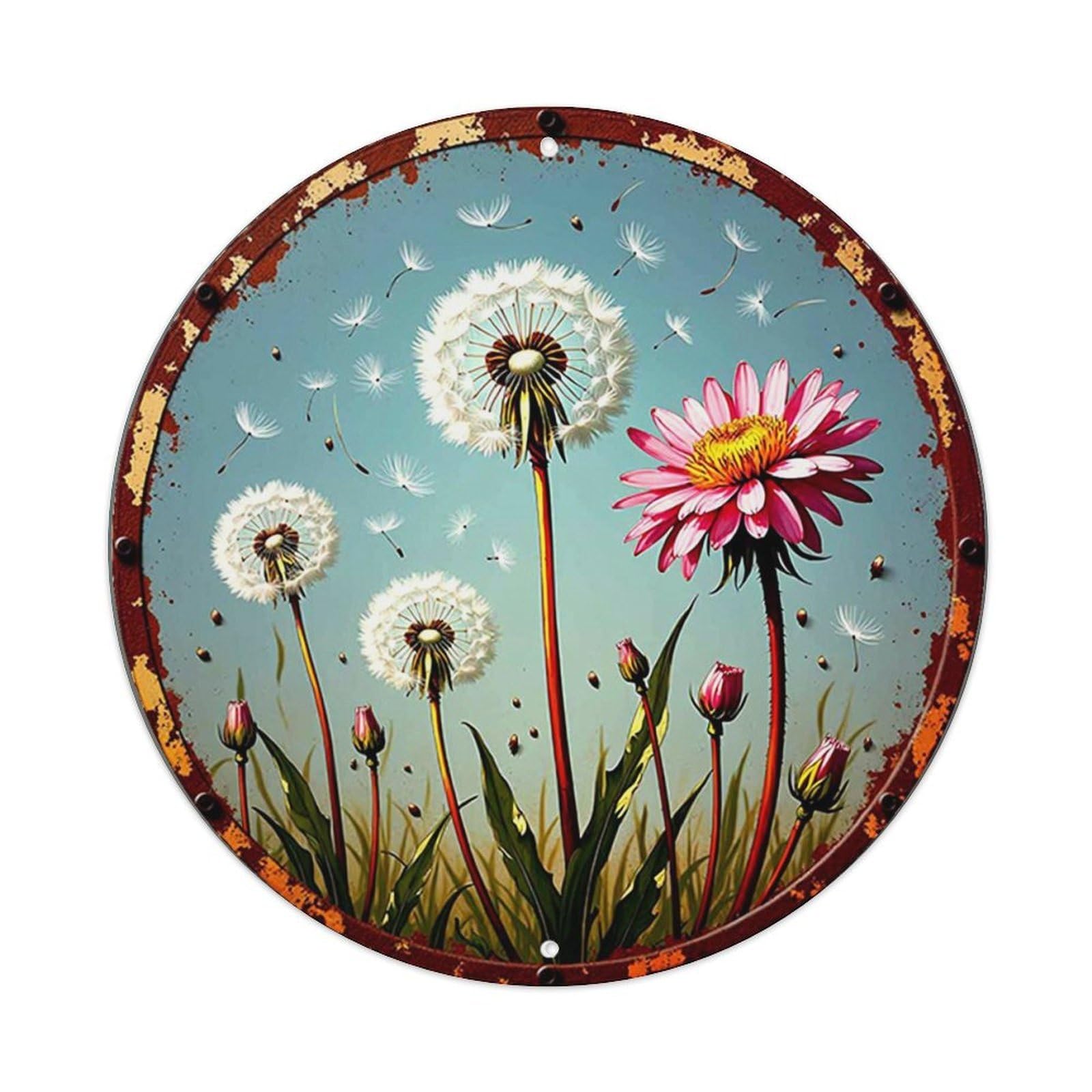 Dandelion Flower Meadow Sky Art Tin Sign Metal Poster Vintage Metal Signs for Home Man Cave Bar Cafe Kitchen laundry room Wall Decorations Gift 8x8Inch
