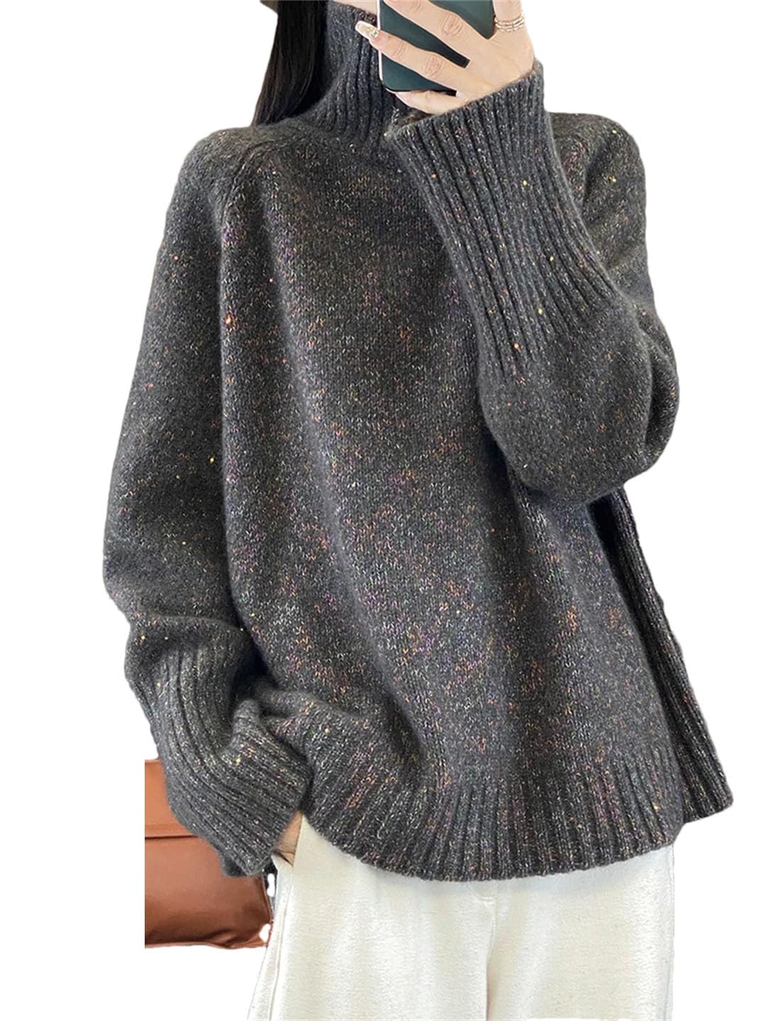 Damski sweter z wełnianym golfem w jednolitym kolorze luźna bluzka plus size