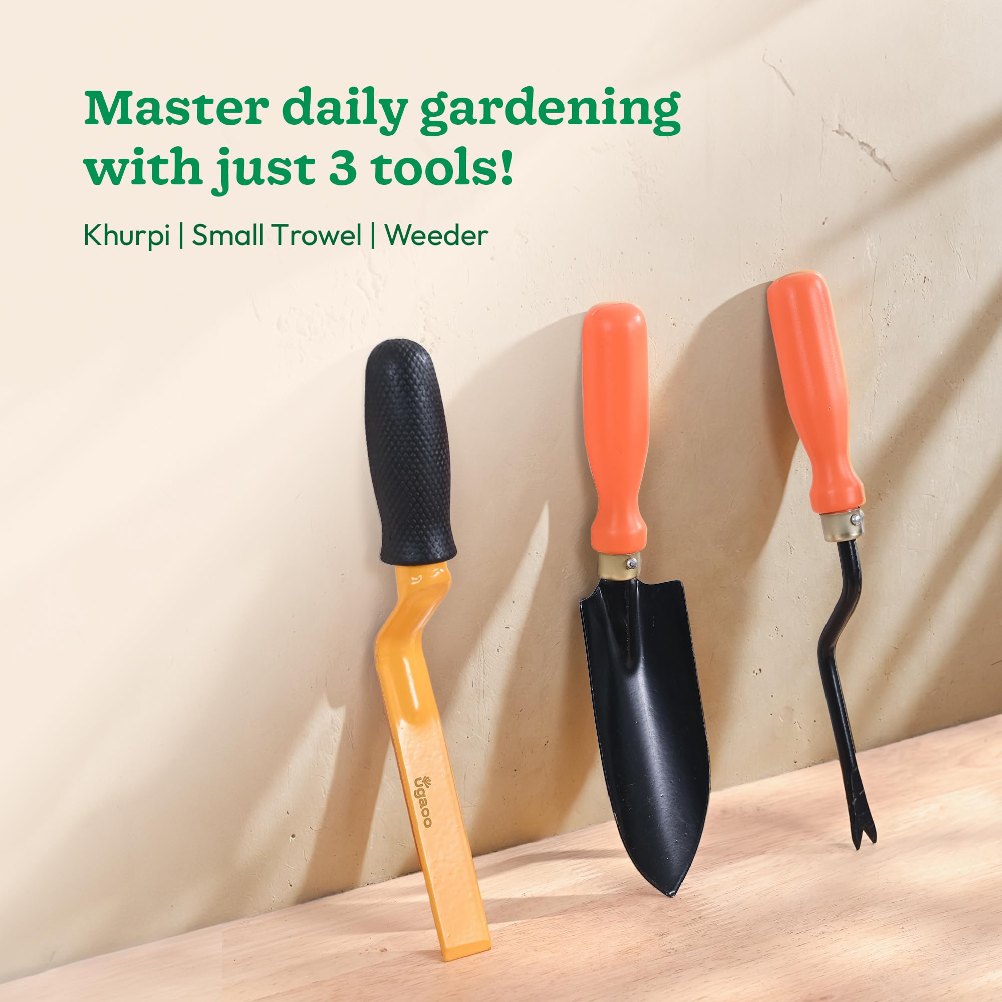 Ugaoo Garden Tool Set – 3 Pcs | Small Trowel, 2-Inch Khurpi & Weeder | Durable, Rust-Resistant Garden Tools with Ergonomic Wooden Handles | Perfect for Home, Balcony & Potted Gardening - Image 2 thumbnail
