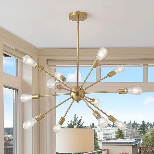 Modern Sputnik Chandeliers 12-Lights, Semi Flush Mount Ceiling Light Fixture Adjustable Height Industrial Vintage Pendant Lighting ​for Kitchen Living Room Dining Bedroom Corridor (Gold-12 Lights)