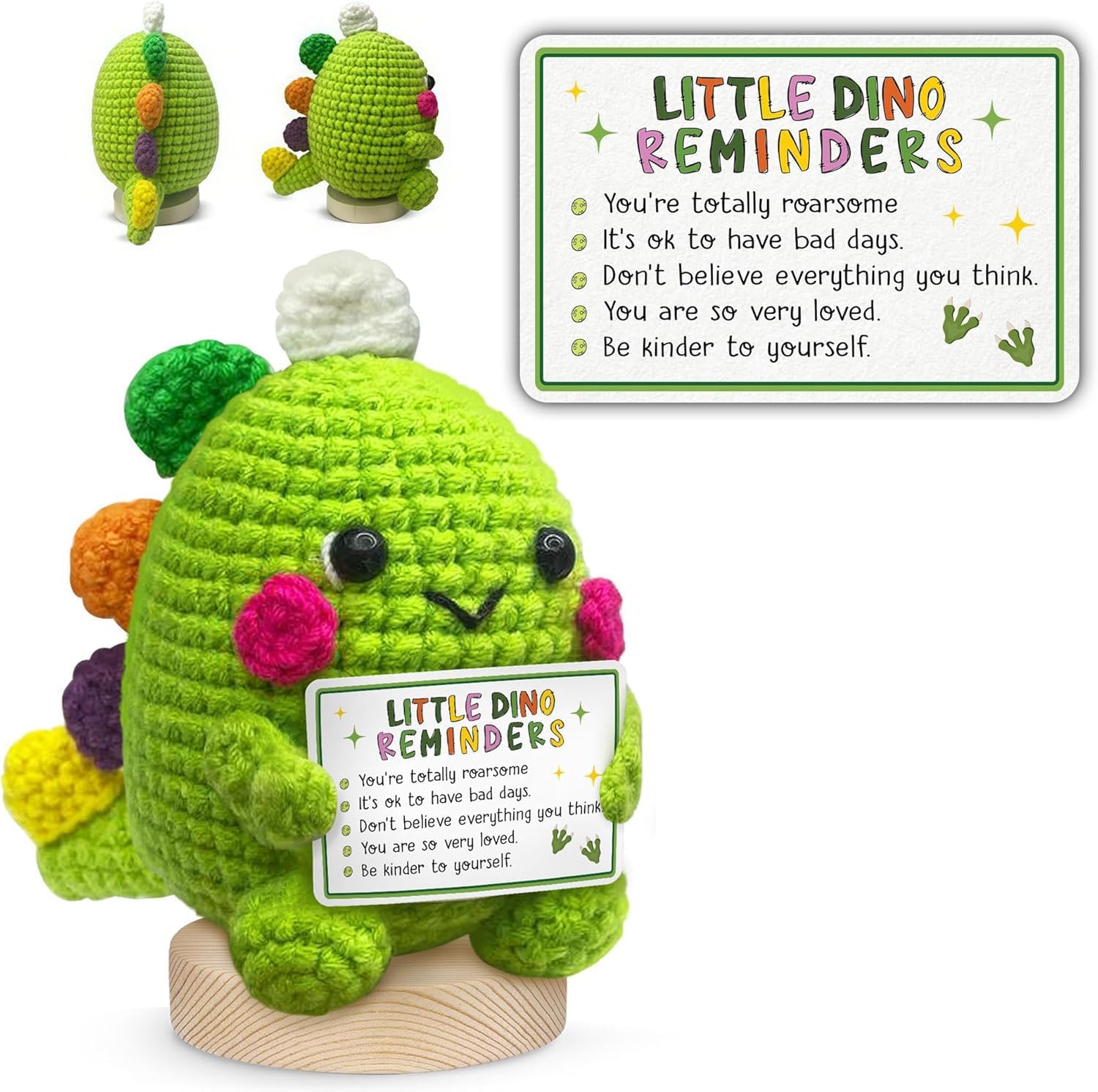 ALUNME Emotional Support Dinosaur Crochet with 'Little Dino Reminders Be Kinder to Yourself' Card - Mental Health Positive Energy Gifts for Women - Anxiety Self Care Gift for Daughter Friend Sister