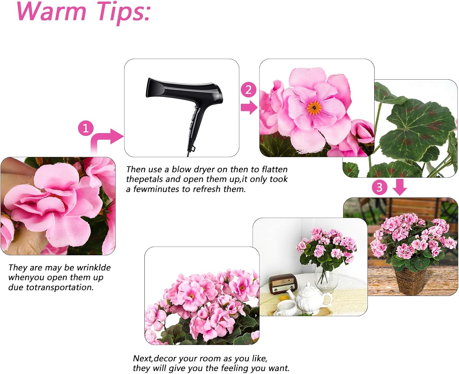 4PCS Fake Flower Artificial Geranium,Artificial Flowers for Outdoors, Geraniums Artificial Flowers Realistic,Artificial Geraniums for Outdoors Fake Plant Decoration((Pink) 14.4" - Image 4