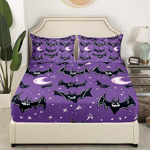 Miniatura 3 de Lindas sábanas de murciélagos tamaño Queen, juego de sábanas de Feliz Halloween para niños y niñas, Kawaii cielo estrellado estrellas luna, sábana