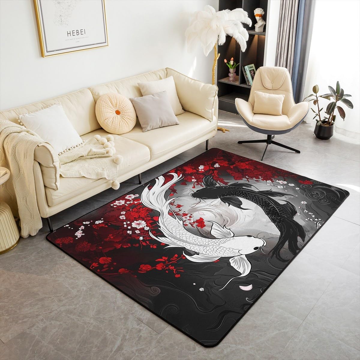 Koi Fish Area Rug 5x6'6''x0.39''with Non Slip Rugs,Cherry Blossoms Home Decor Office Area Rug,Yin Yang Indoor Floor Mat for Playroom Bedside Office